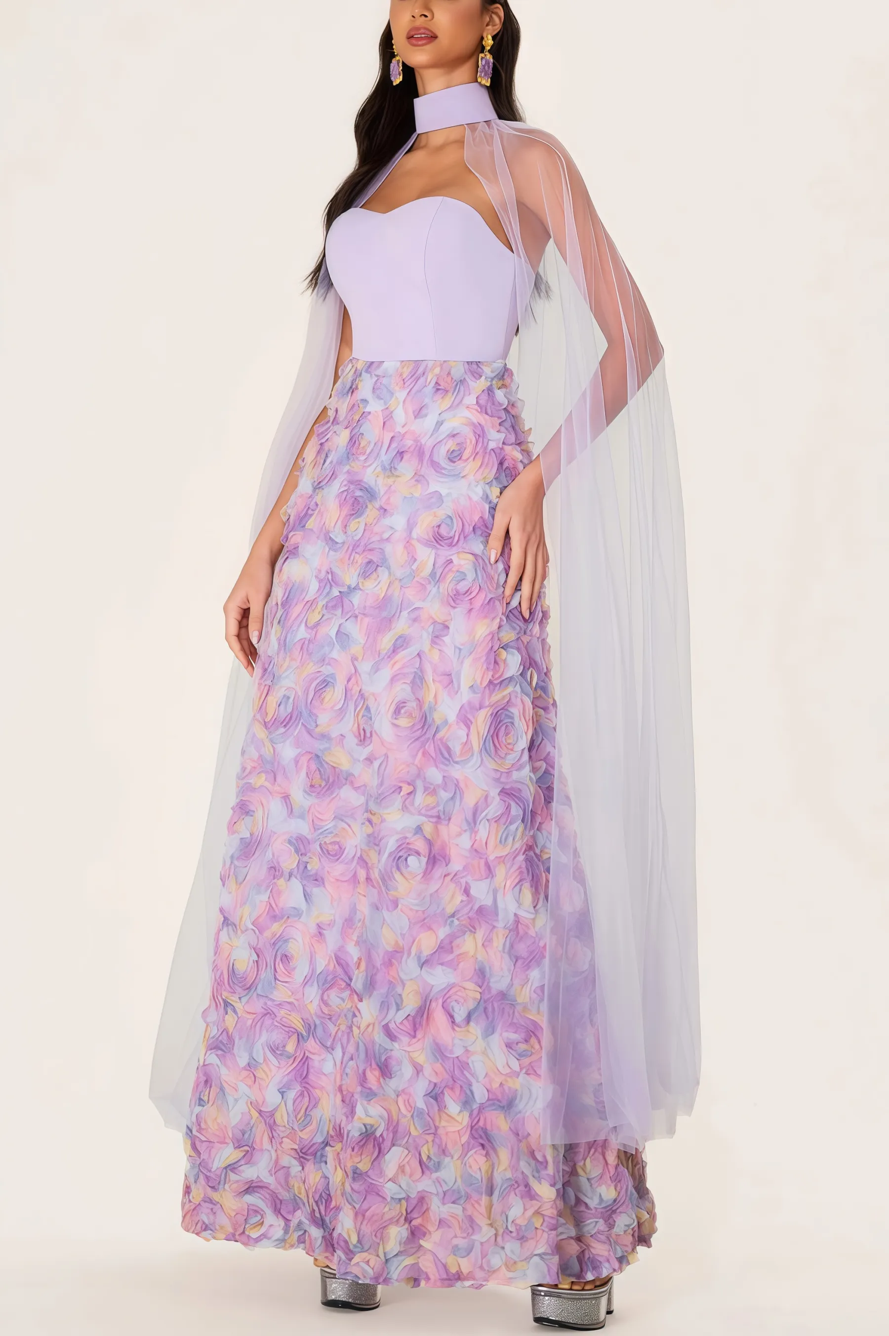 Maelan 3D Flower Heart Shape Neck Maxi Dress