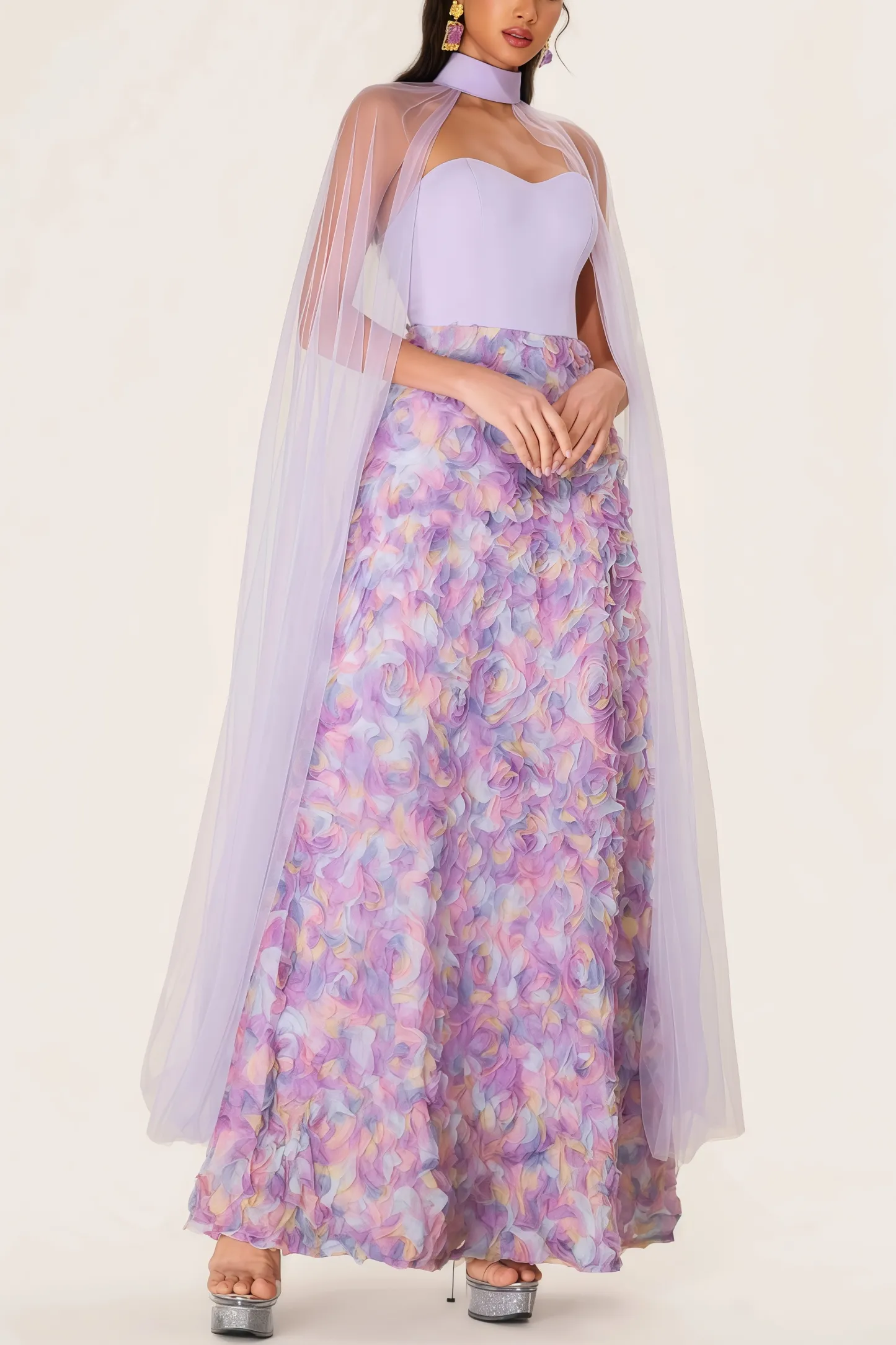 Maelan 3D Flower Heart Shape Neck Maxi Dress