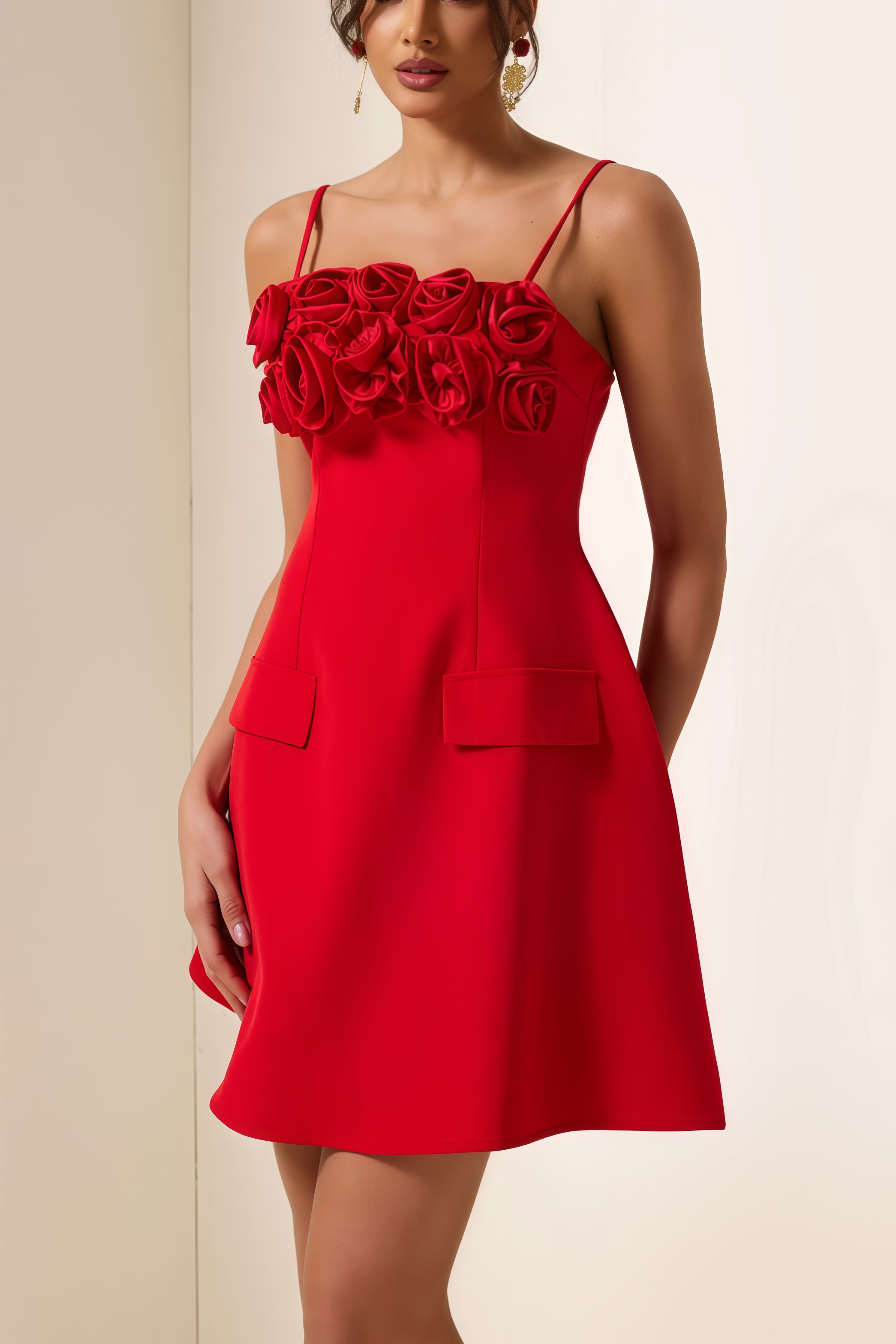 Thisbe 3D Flower Solid Square Neck Mini Dress