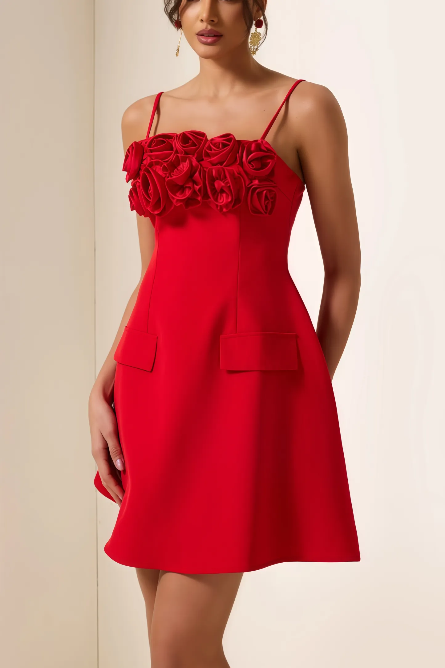 Thisbe 3D Flower Solid Square Neck Mini Dress