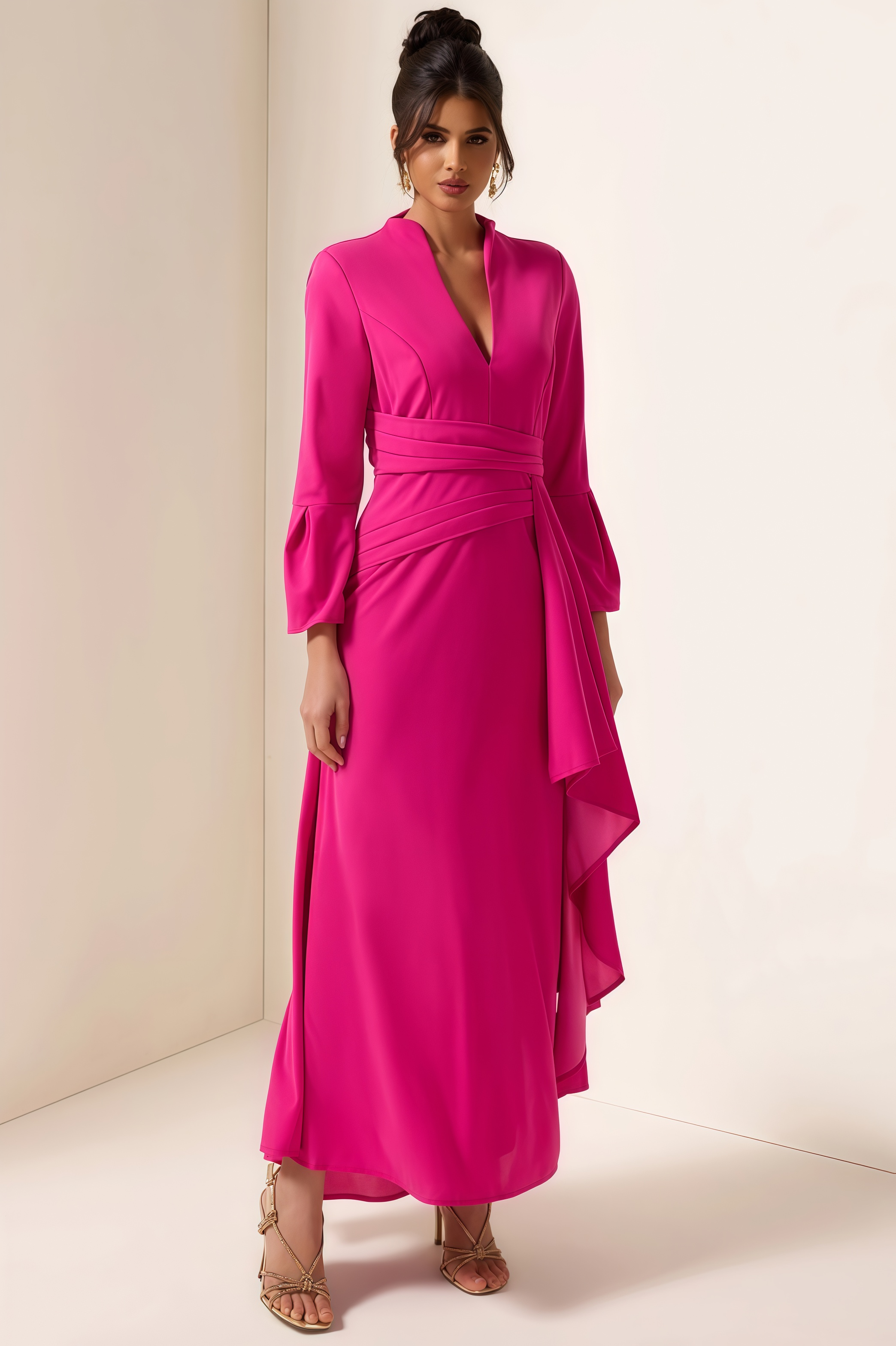 Indra Solid Pleated Split Midi Dress