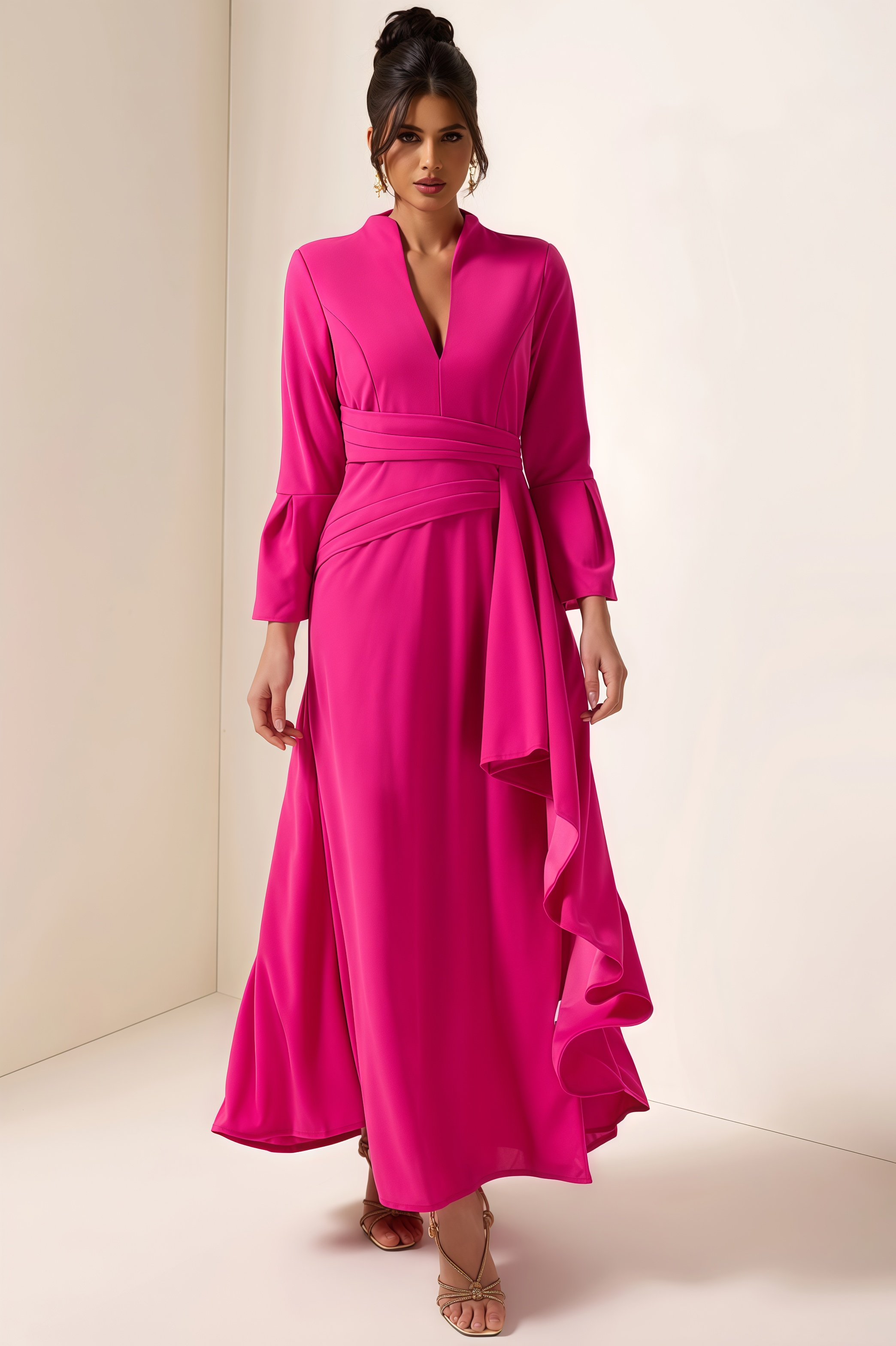 Indra Solid Pleated Split Midi Dress