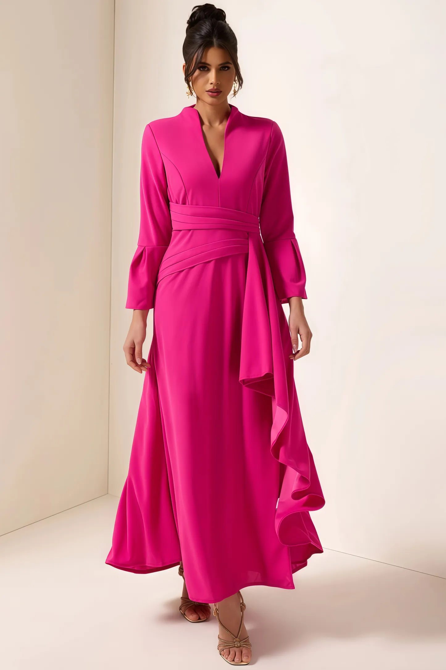 Indra Solid Pleated Split Midi Dress