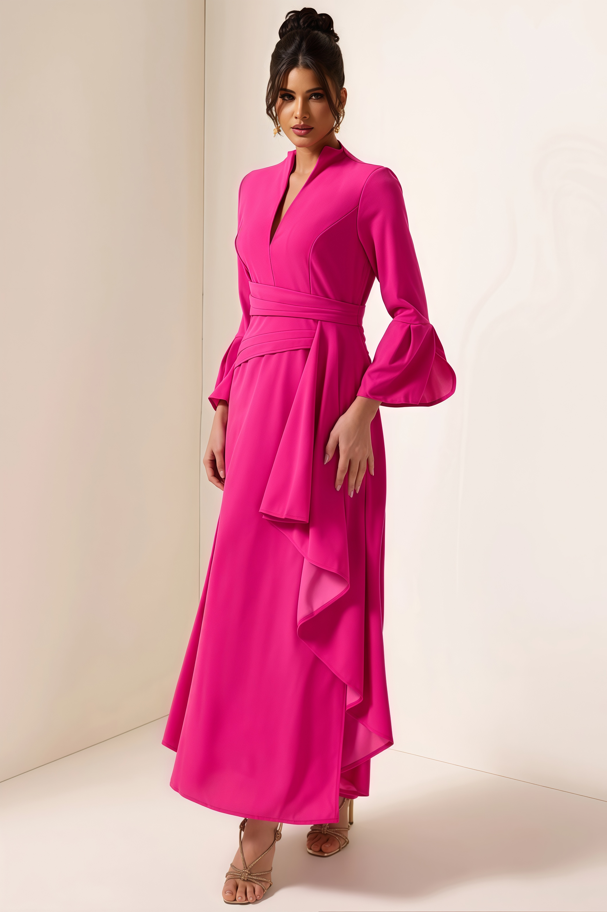 Indra Solid Pleated Split Midi Dress