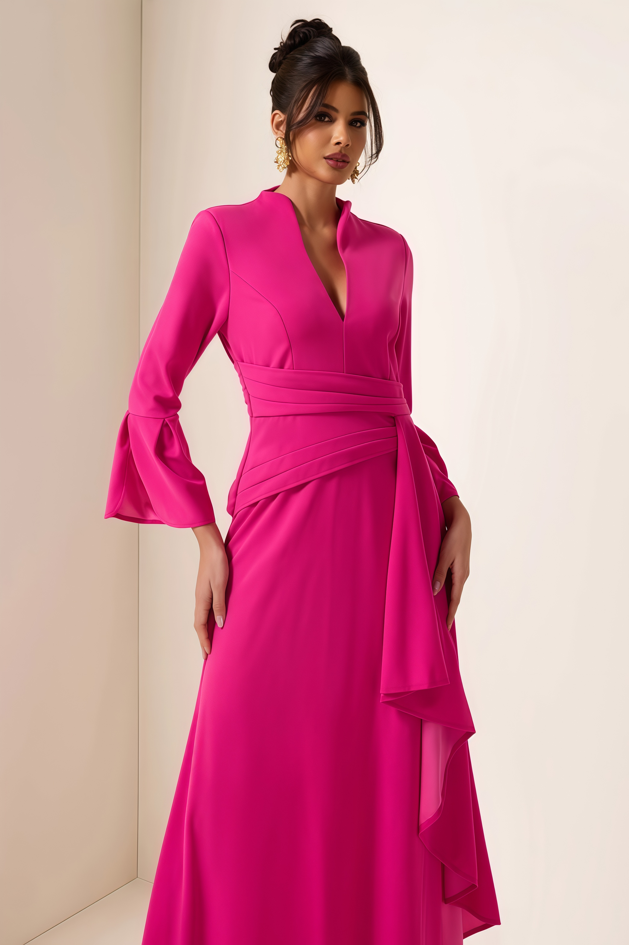 Indra Solid Pleated Split Midi Dress