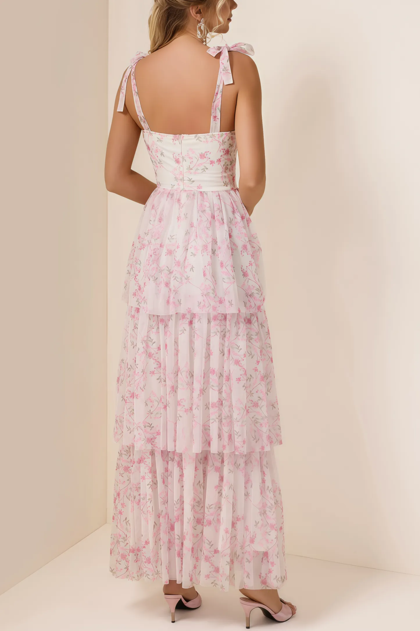 Lindand Floral Lace Up Ruffle Maxi Dress