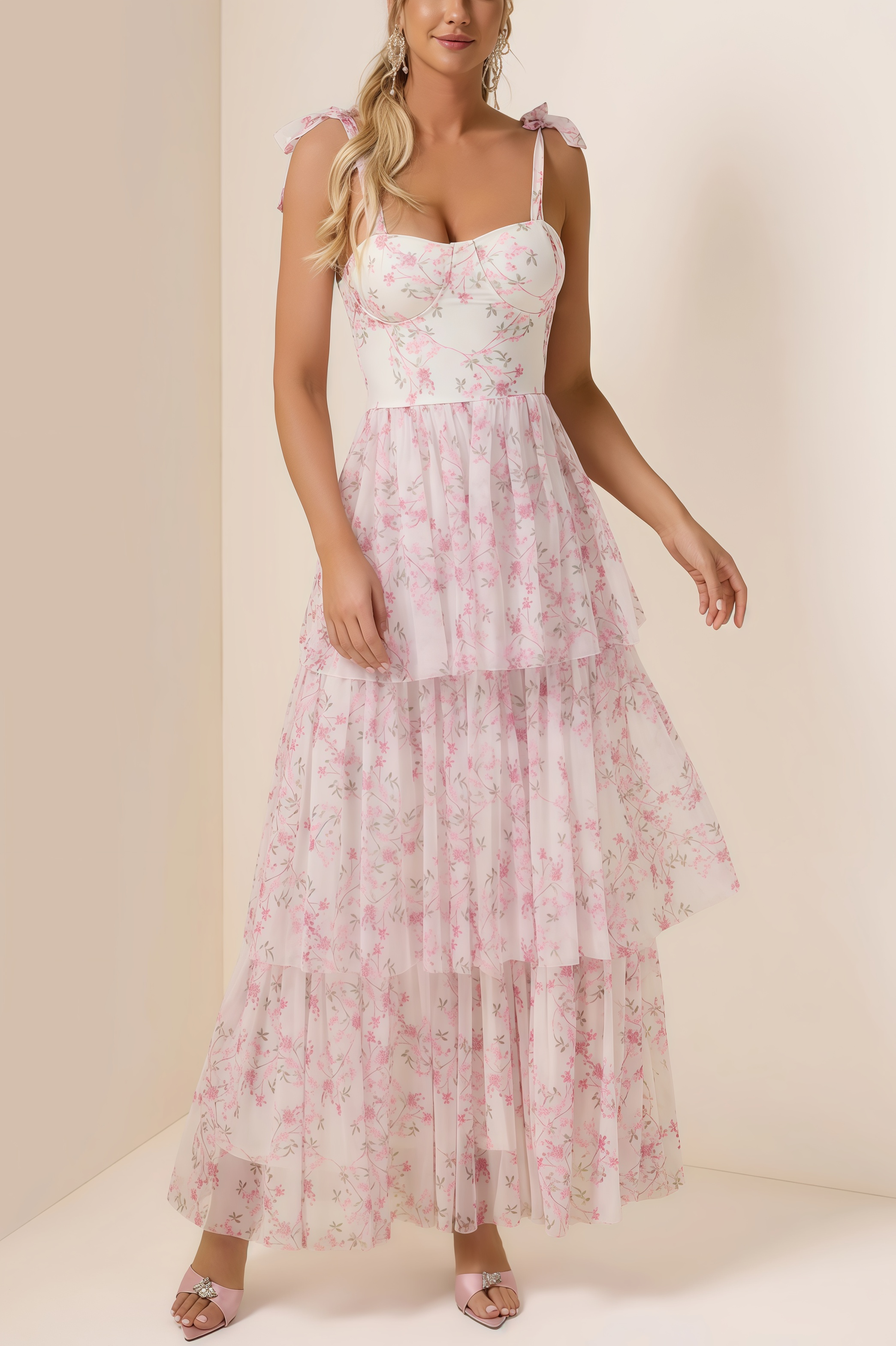 Lindand Floral Lace Up Ruffle Maxi Dress