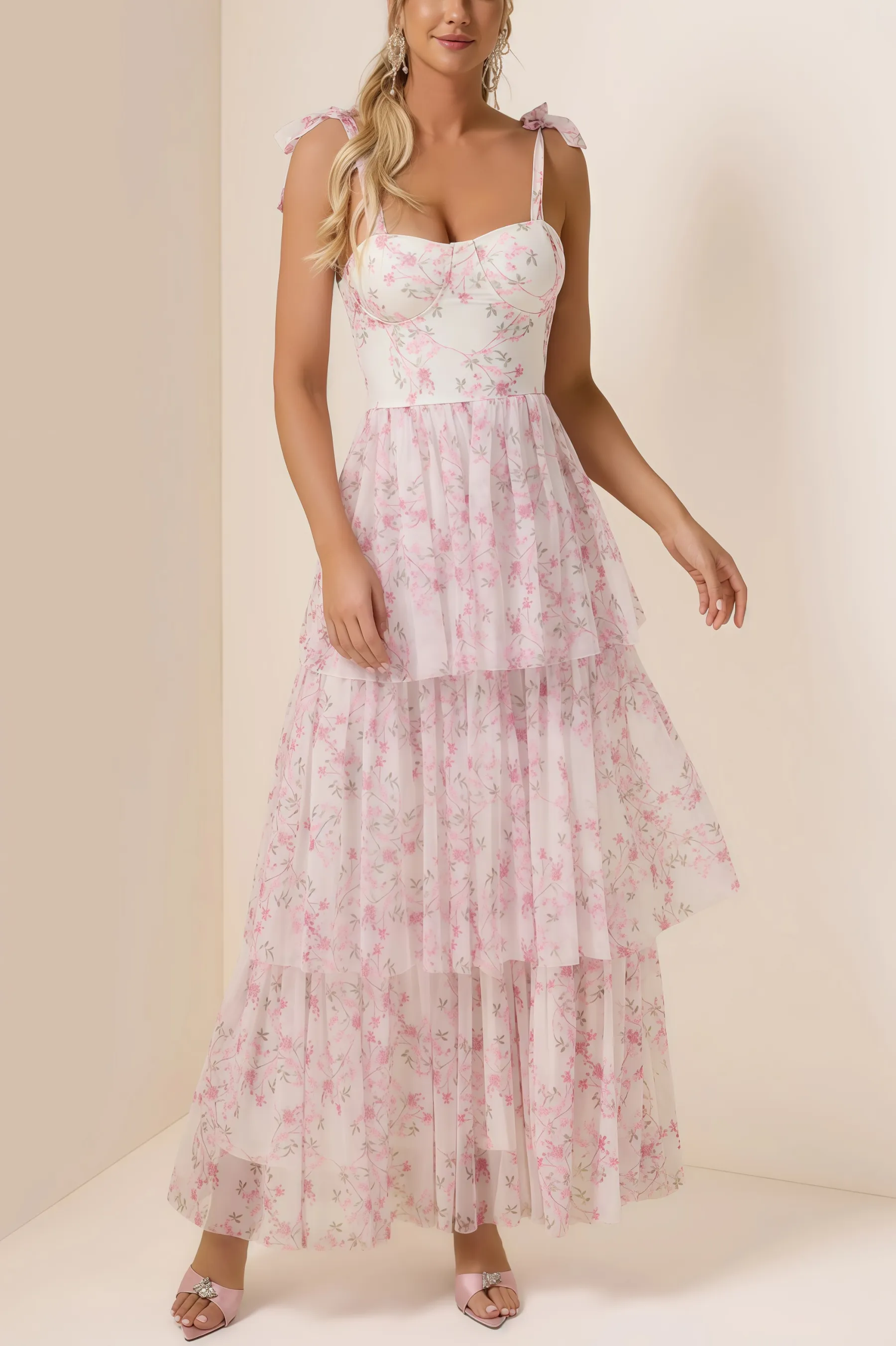 Lindand Floral Lace Up Ruffle Maxi Dress