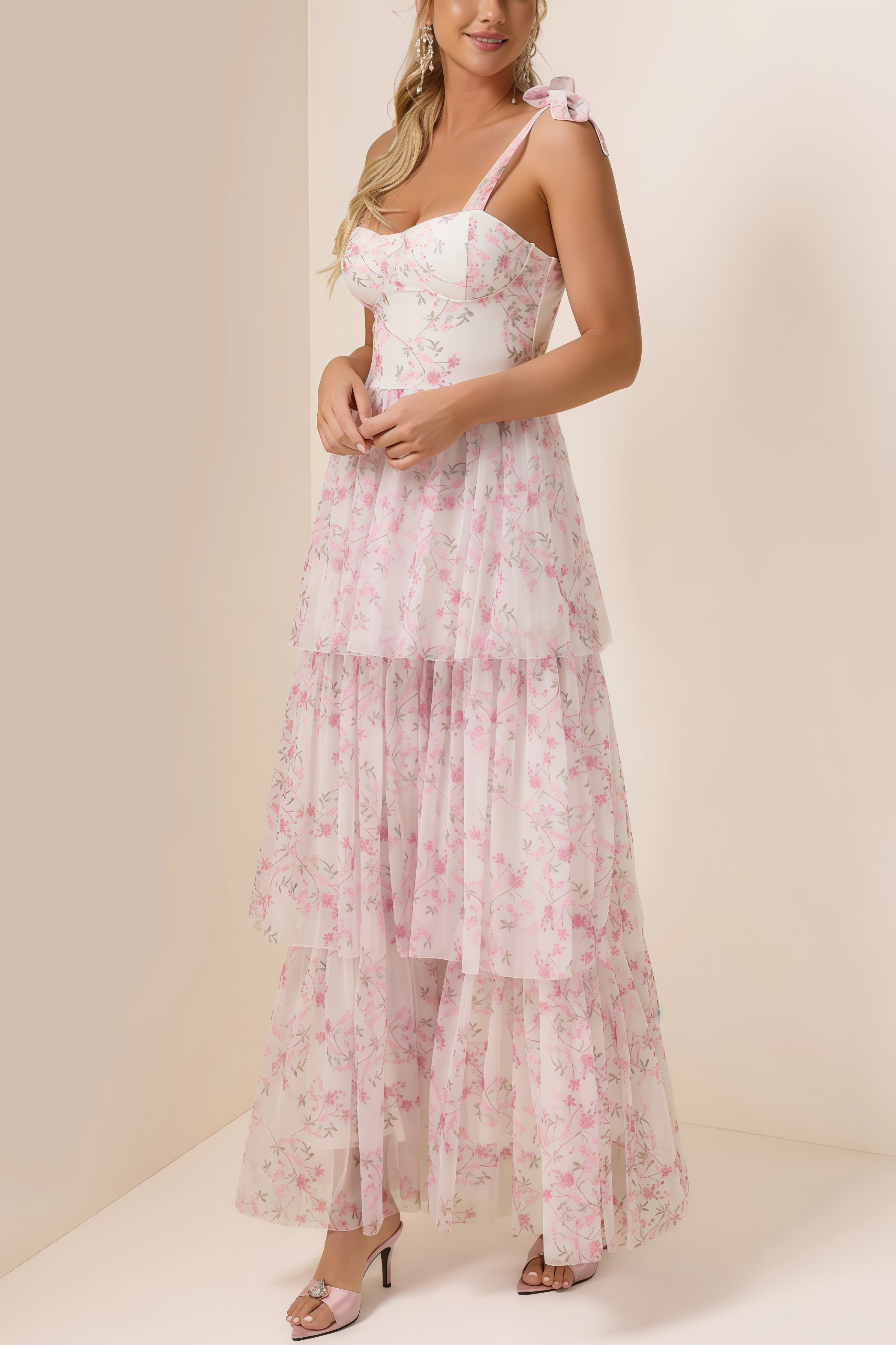 Lindand Floral Lace Up Ruffle Maxi Dress