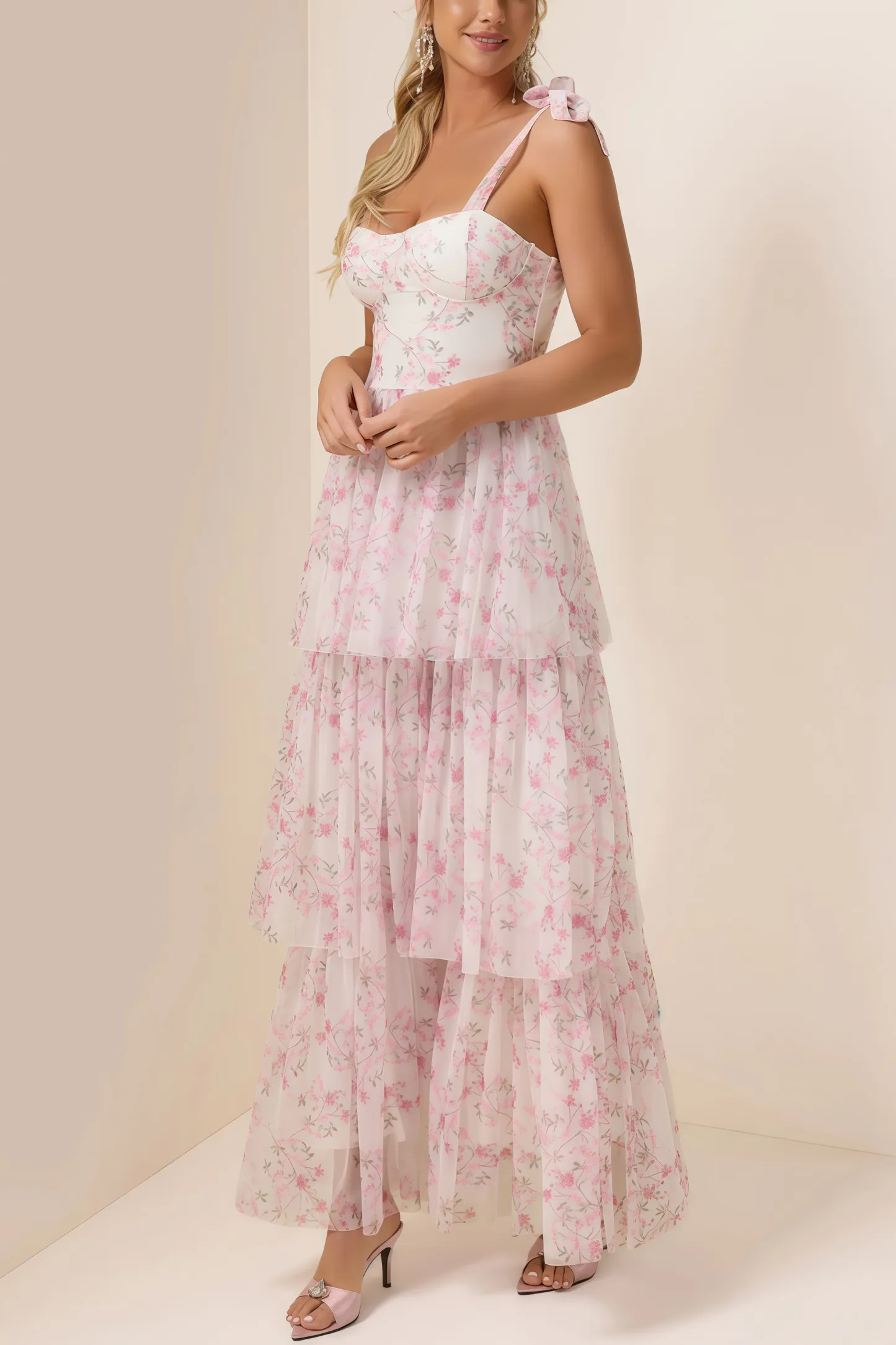 Lindand Floral Lace Up Ruffle Maxi Dress