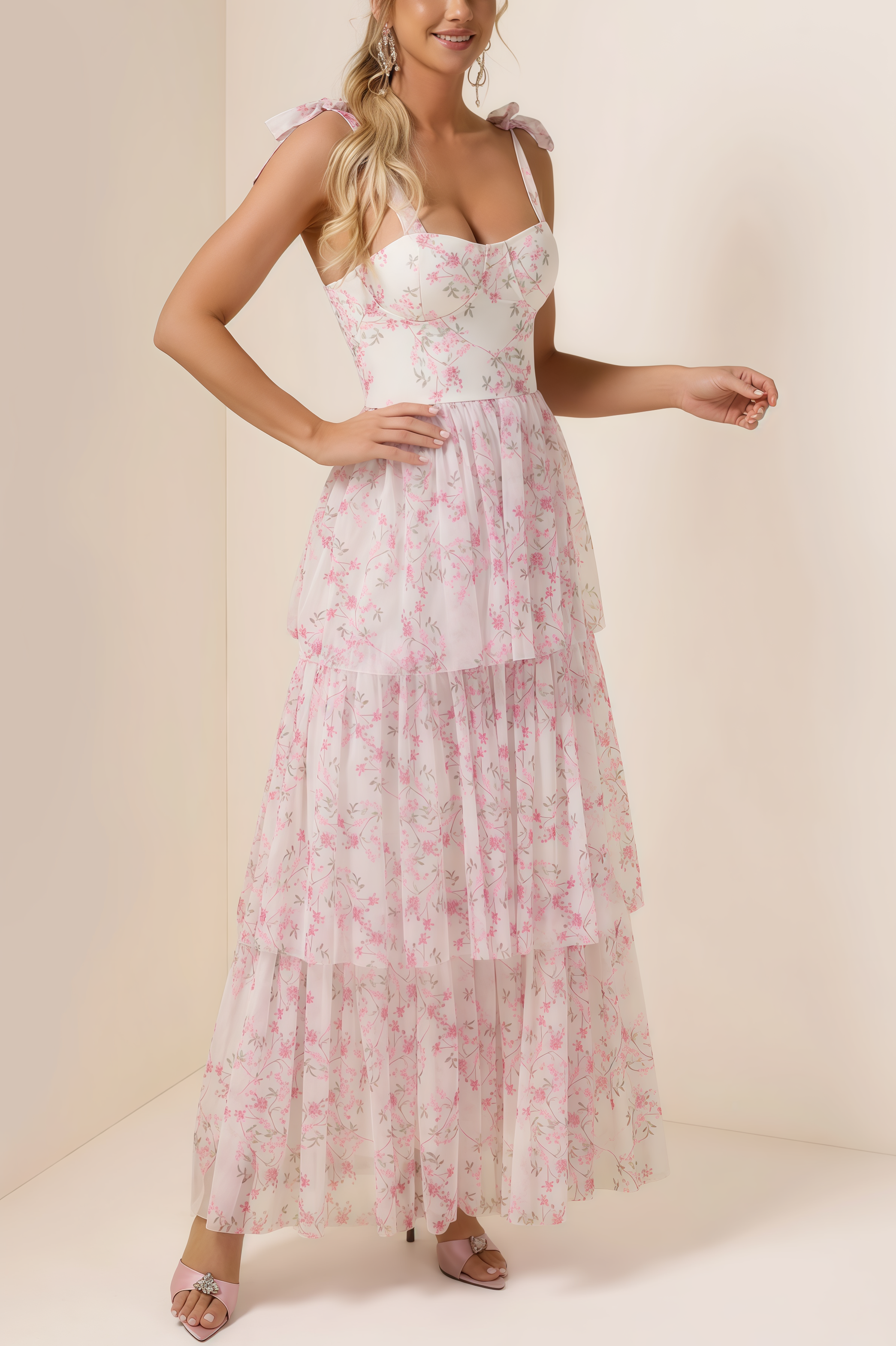 Lindand Floral Lace Up Ruffle Maxi Dress