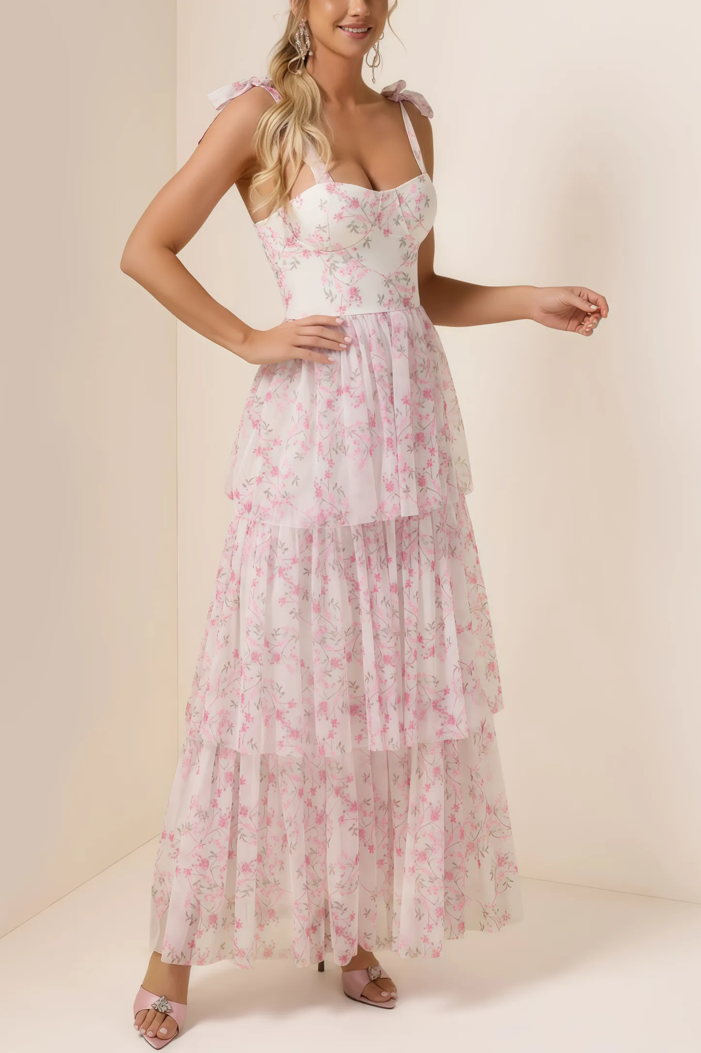 Lindand Floral Lace Up Ruffle Maxi Dress
