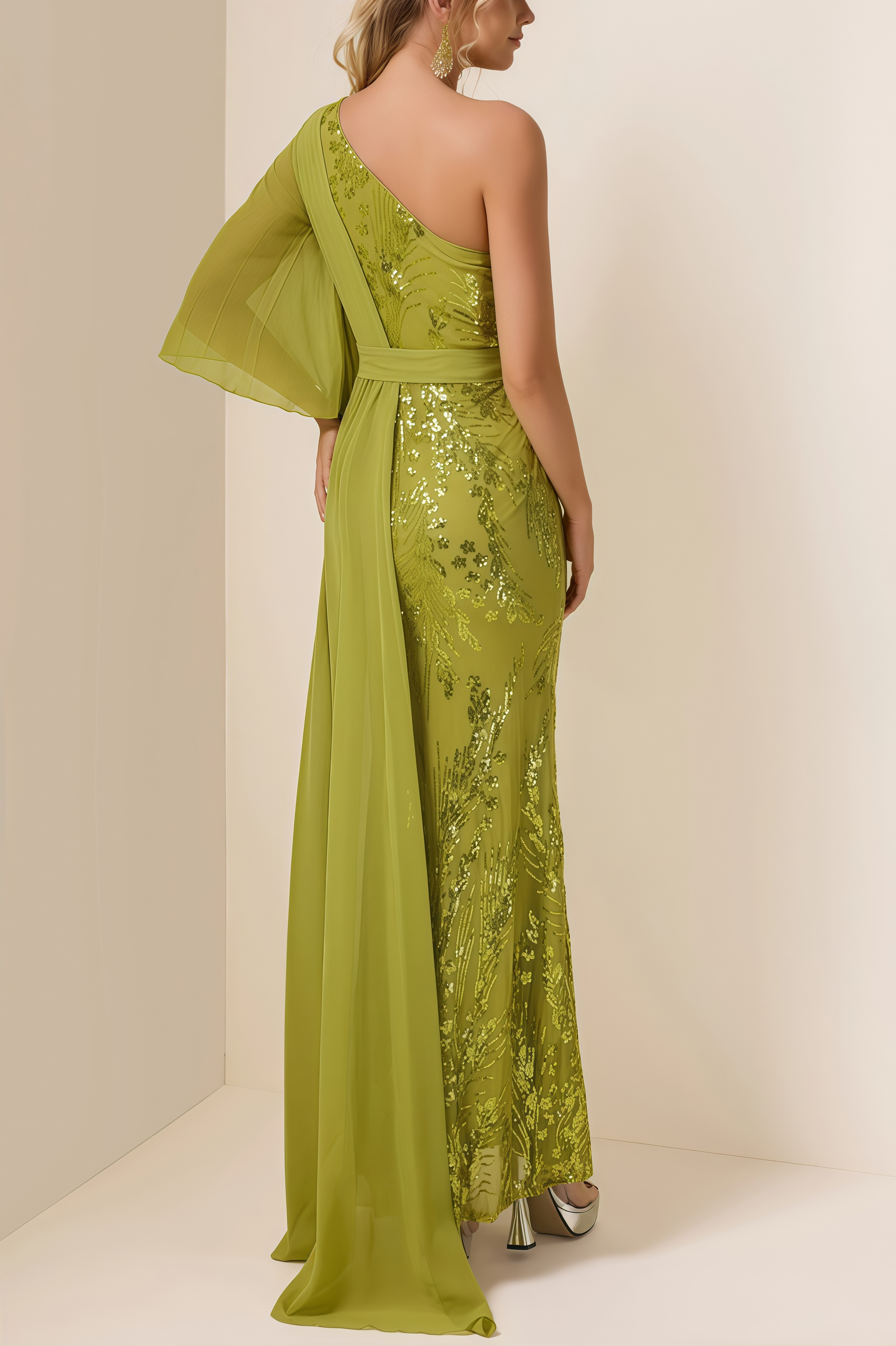 Salvasa Sequin Skew Collar Lace Maxi Dress