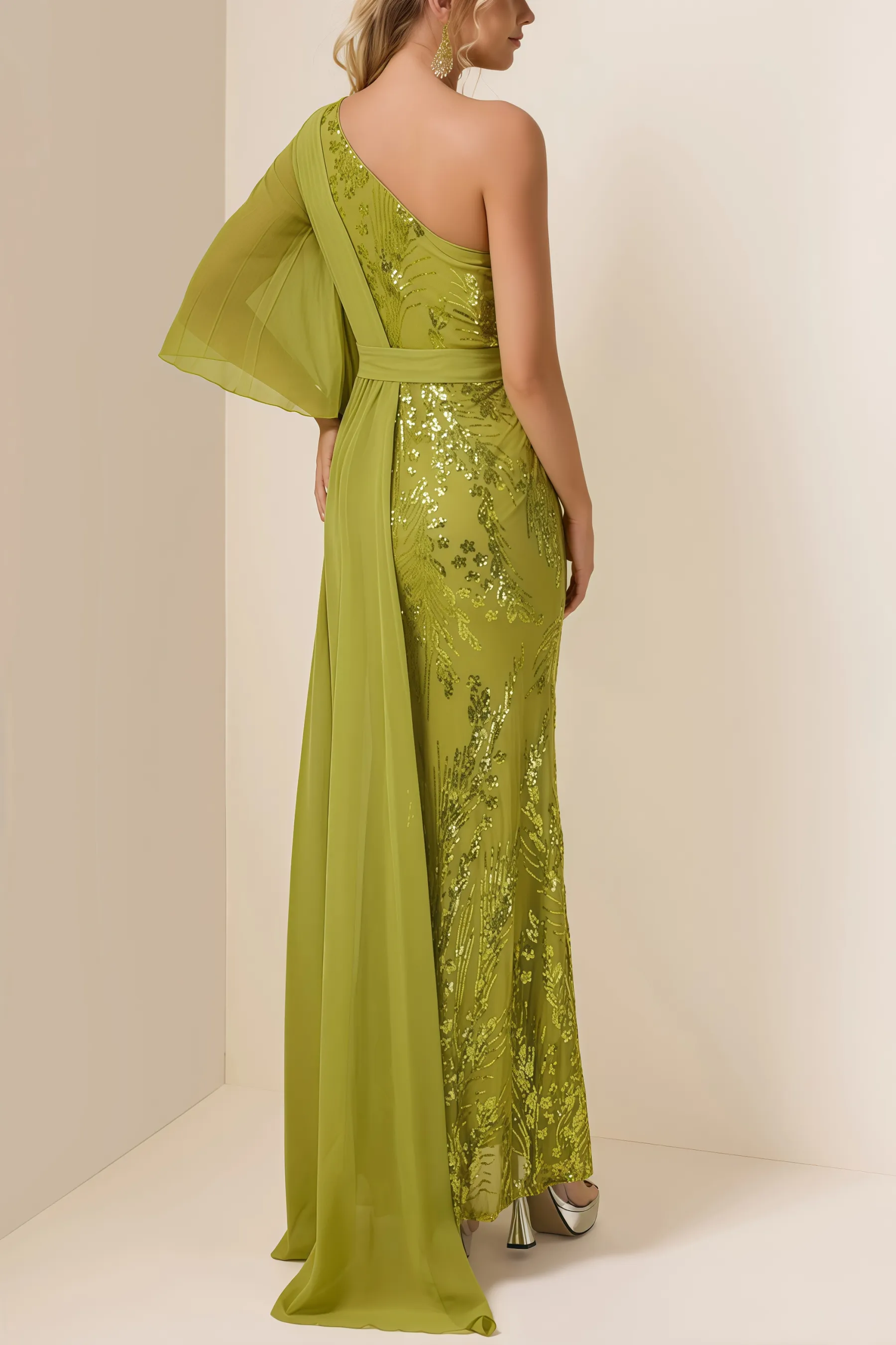 Salvasa Sequin Skew Collar Lace Maxi Dress