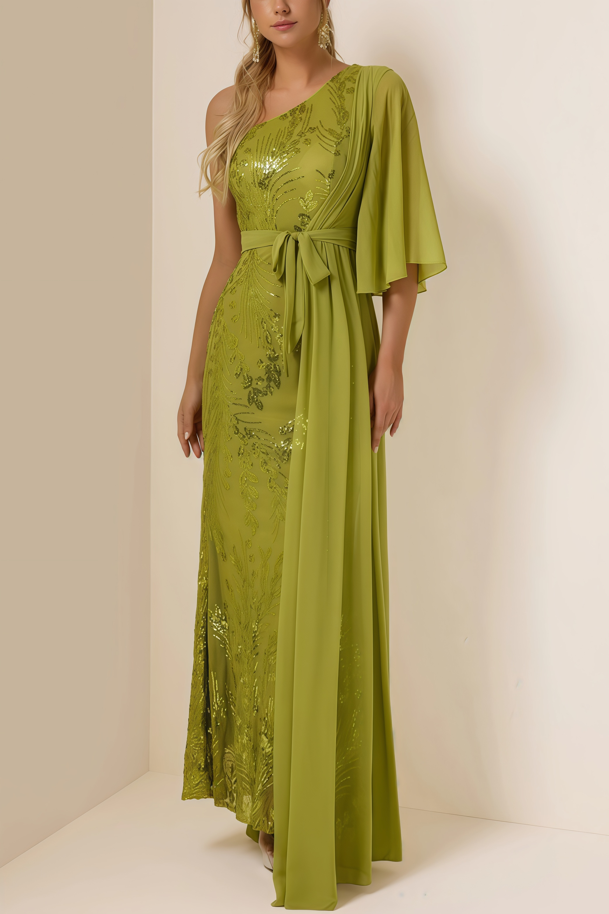 Salvasa Sequin Skew Collar Lace Maxi Dress