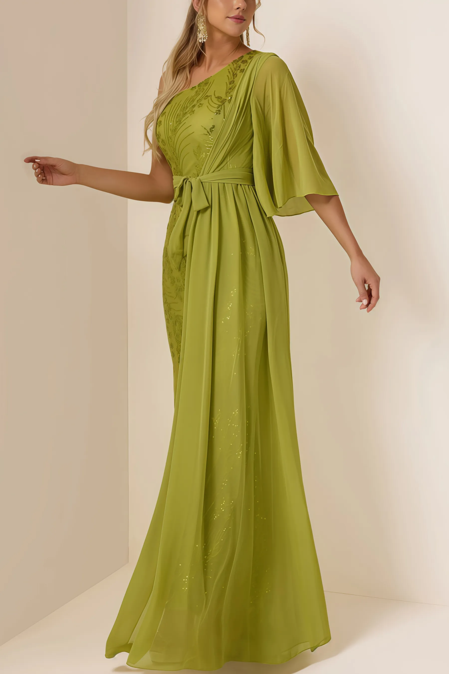 Salvasa Sequin Skew Collar Lace Maxi Dress