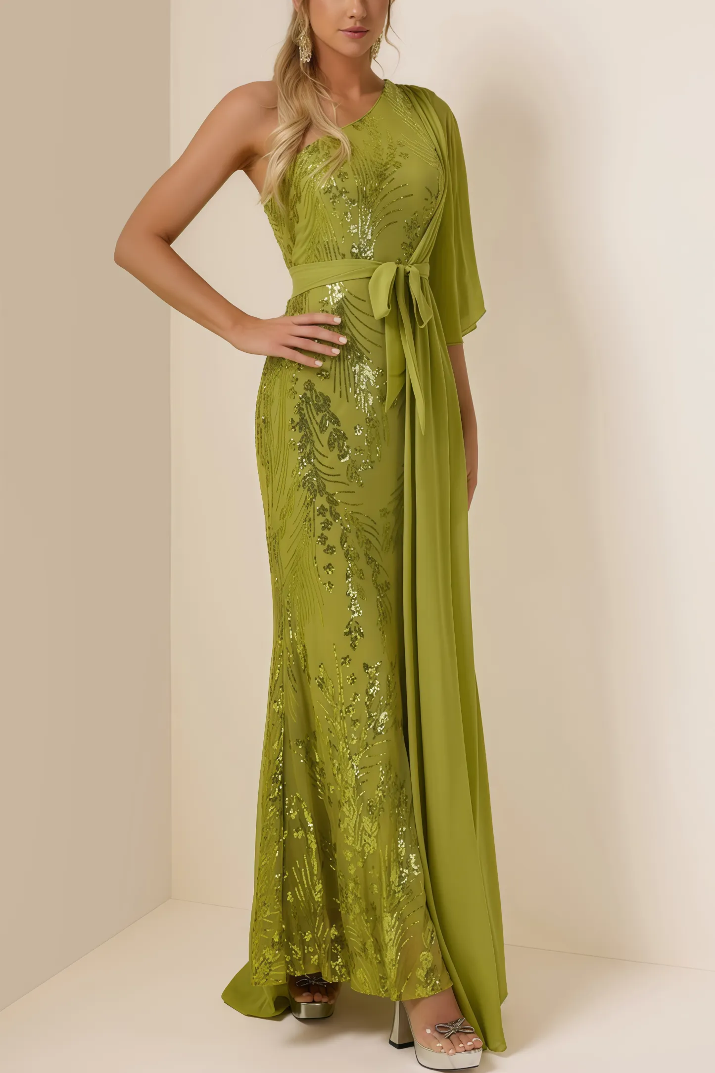 Salvasa Sequin Skew Collar Lace Maxi Dress