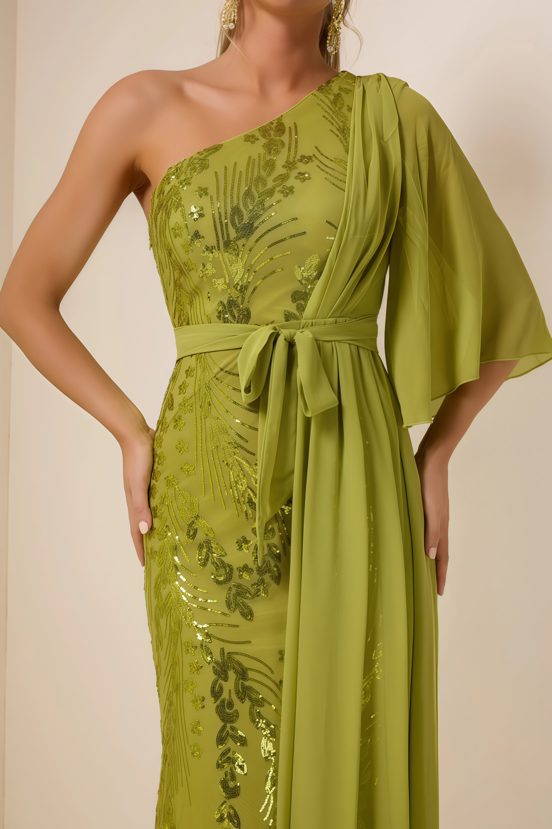 Salvasa Sequin Skew Collar Lace Maxi Dress