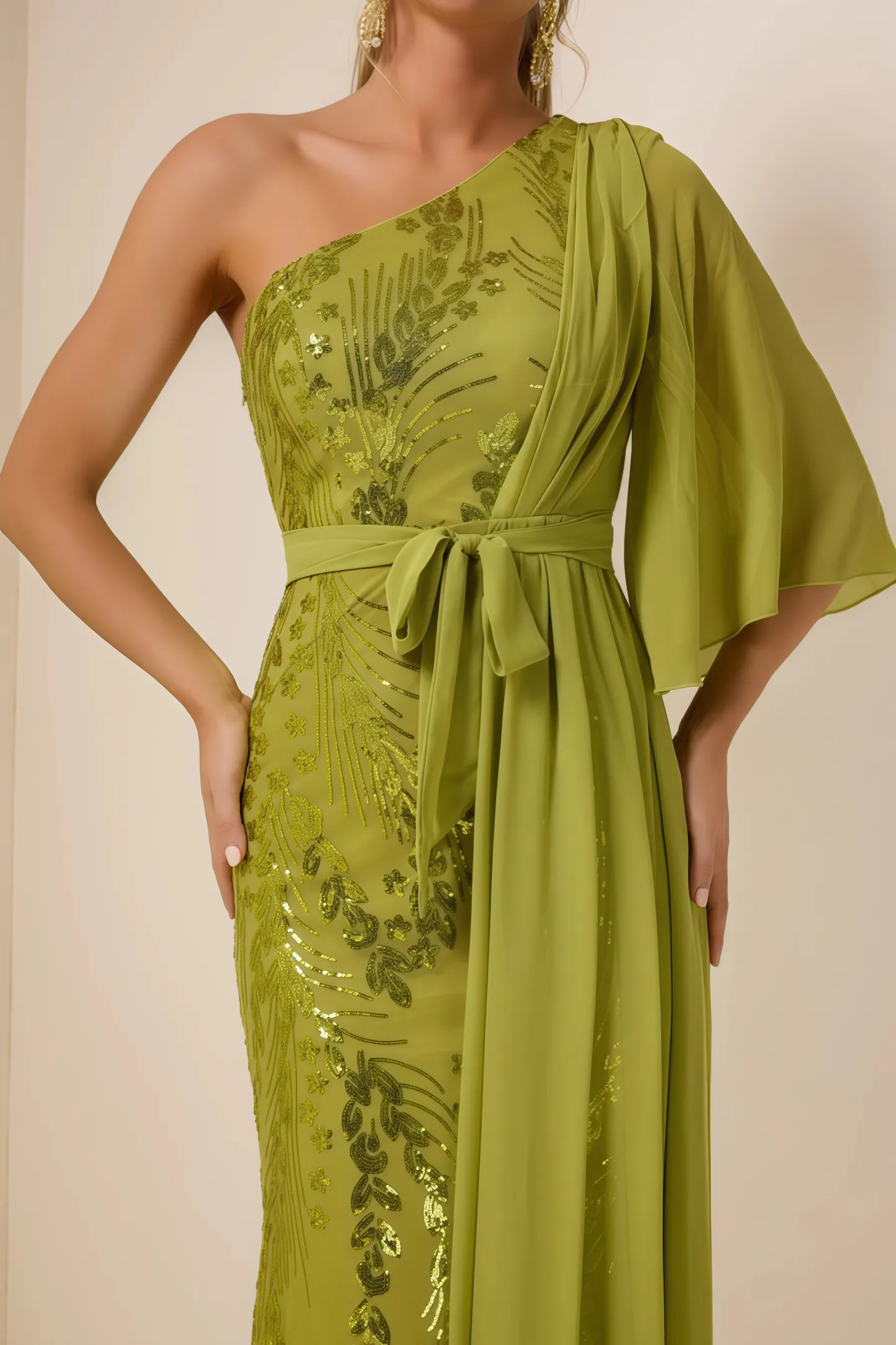 Salvasa Sequin Skew Collar Lace Maxi Dress