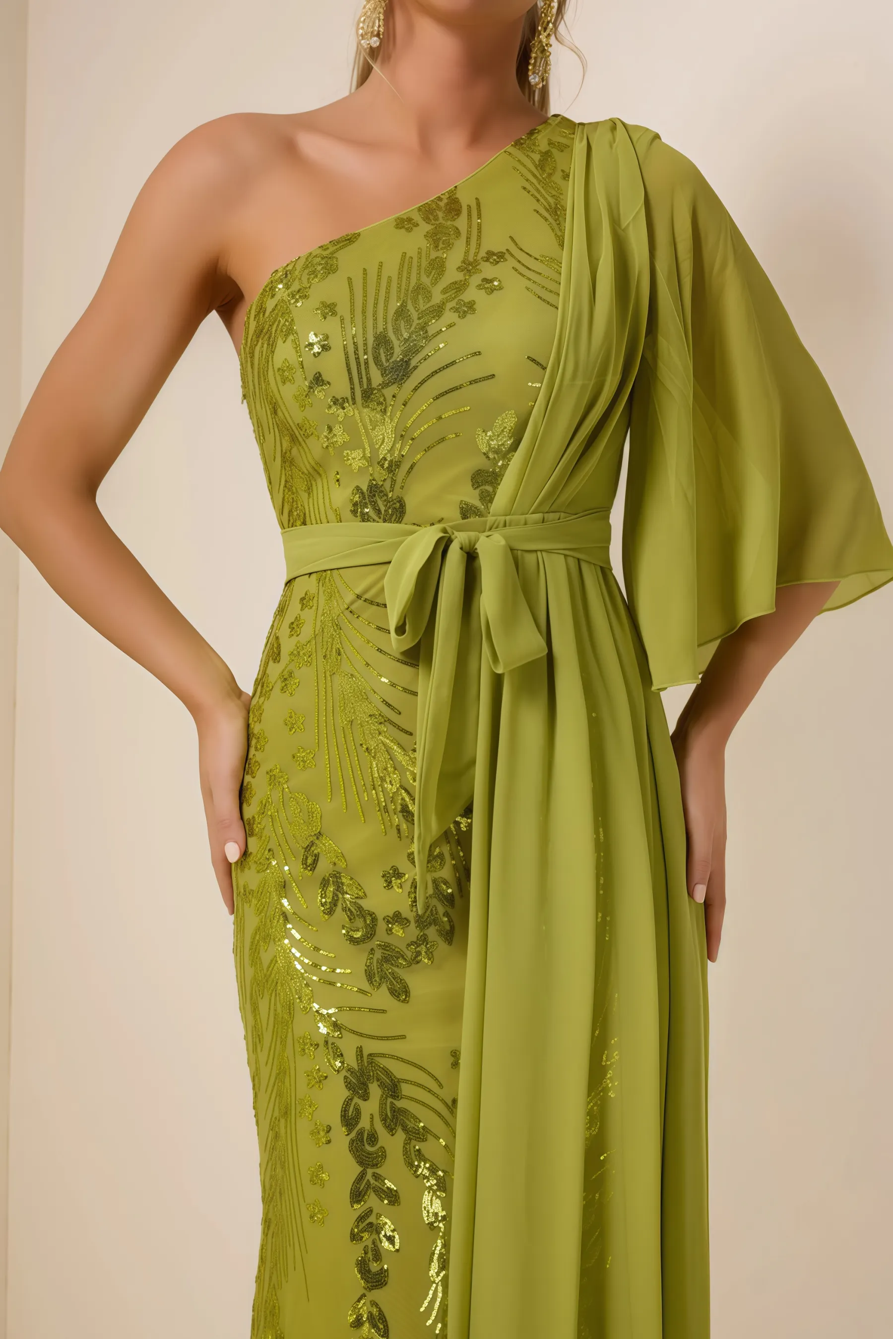 Salvasa Sequin Skew Collar Lace Maxi Dress