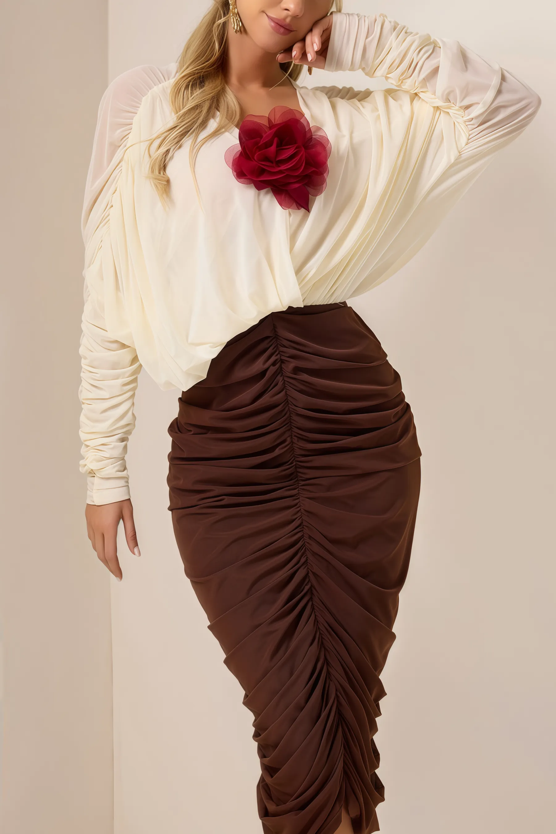 Rebes 3D Flower Shirring V-Neck Midi Dress Set
