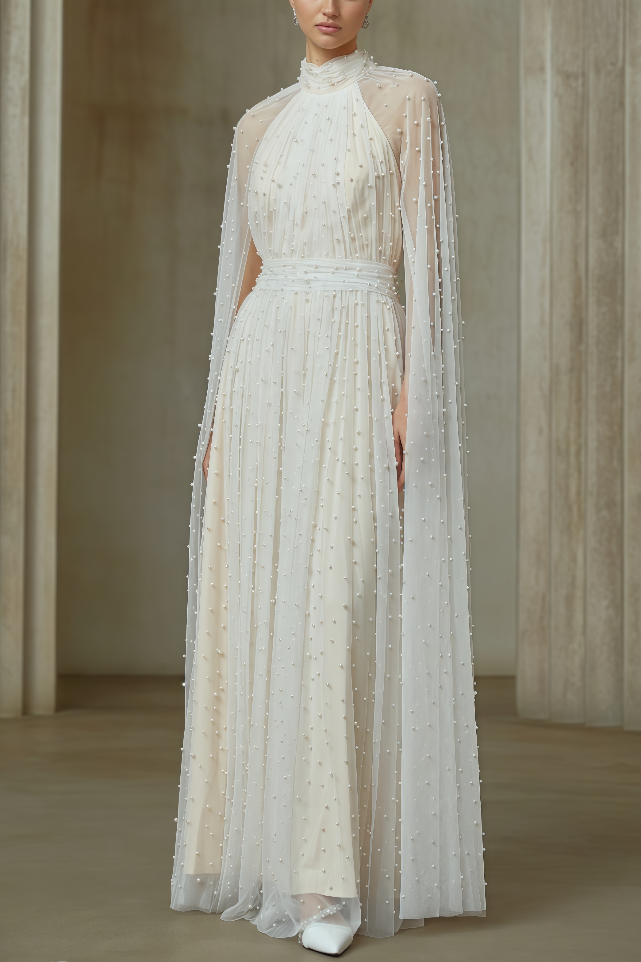 Xyvia Pearl Stand-up Collar Cap Sleeve Maxi Dress