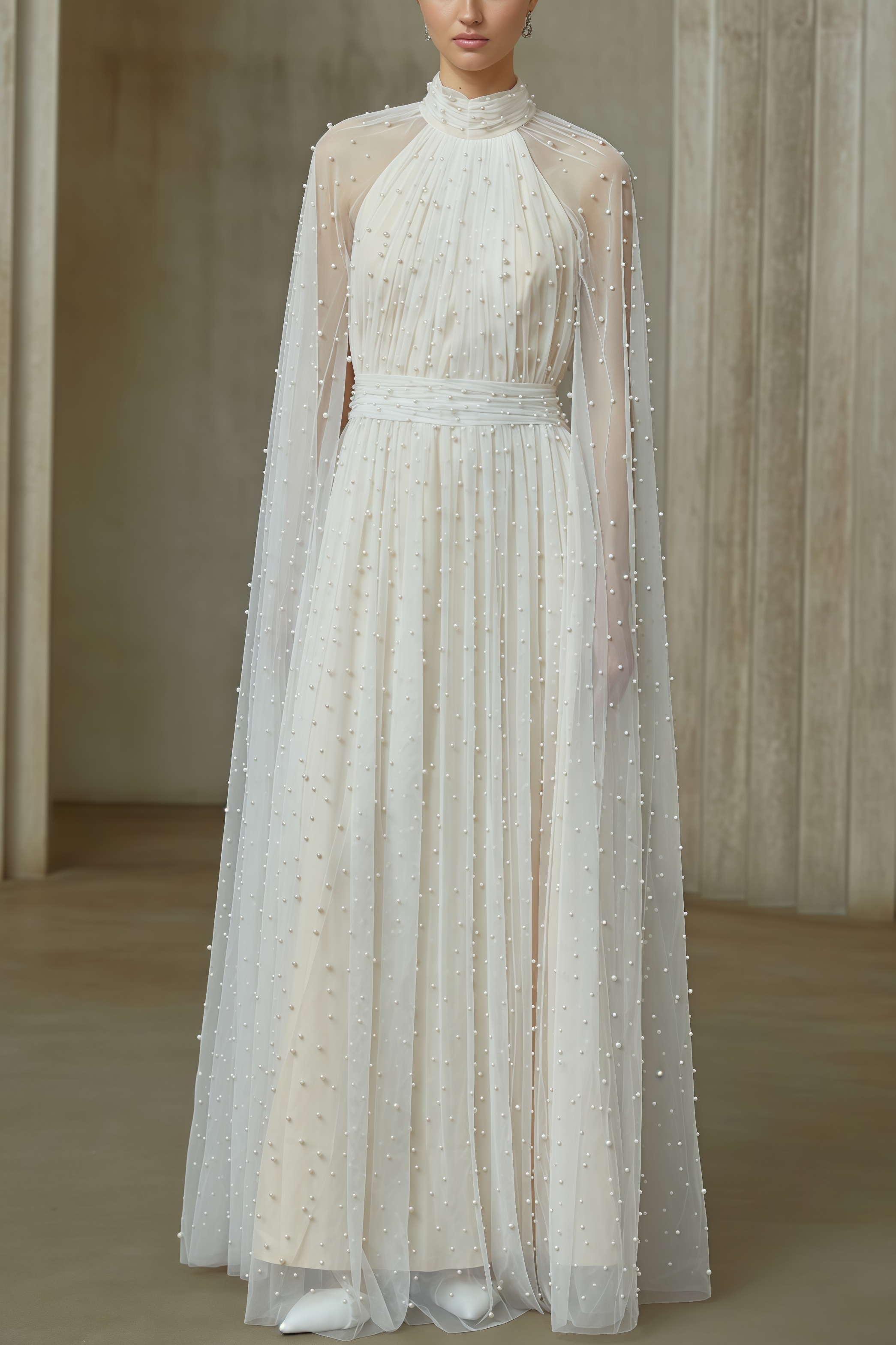 Xyvia Pearl Stand-up Collar Cap Sleeve Maxi Dress