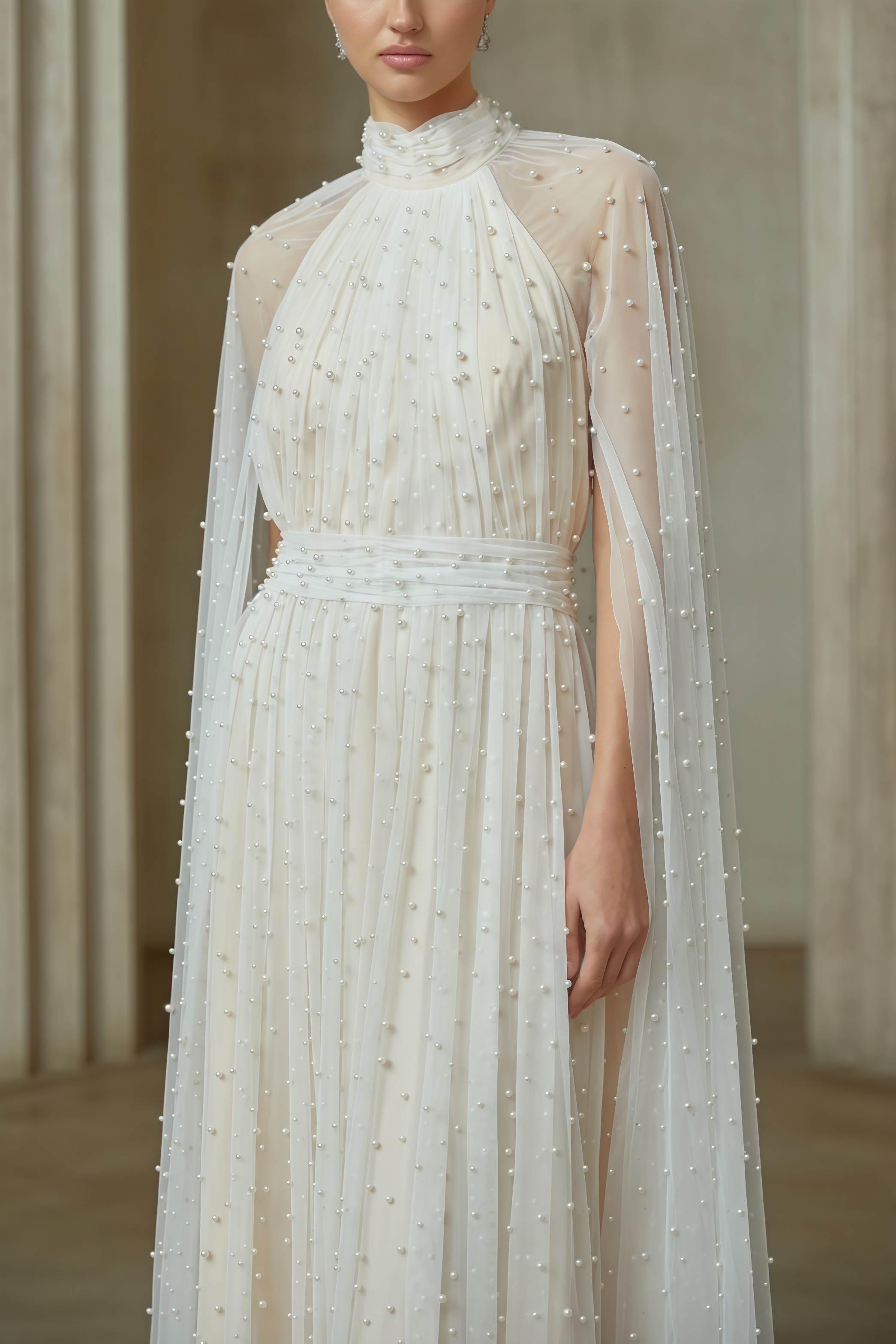 Xyvia Pearl Stand-up Collar Cap Sleeve Maxi Dress