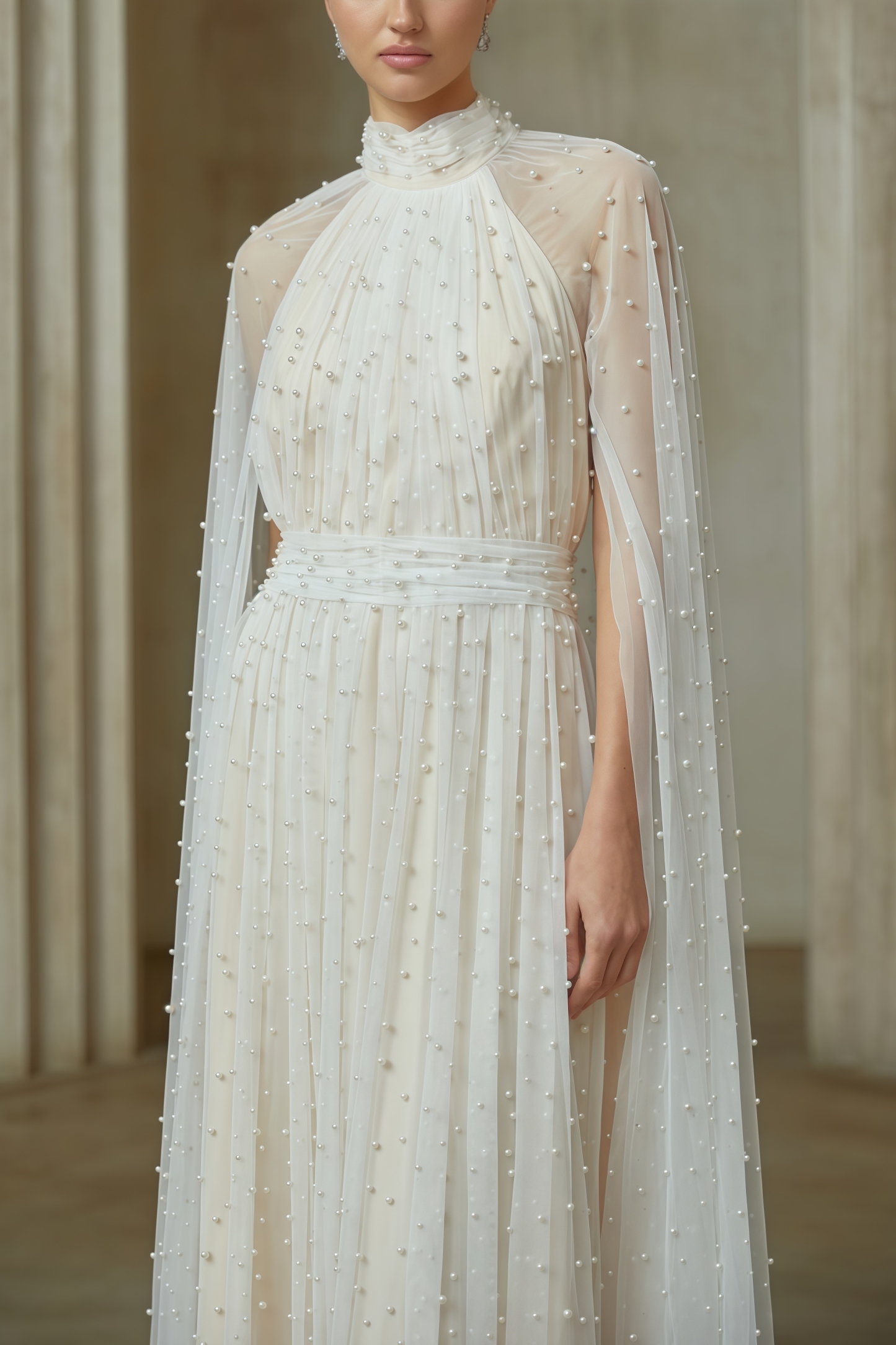 Xyvia Pearl Stand-up Collar Cap Sleeve Maxi Dress