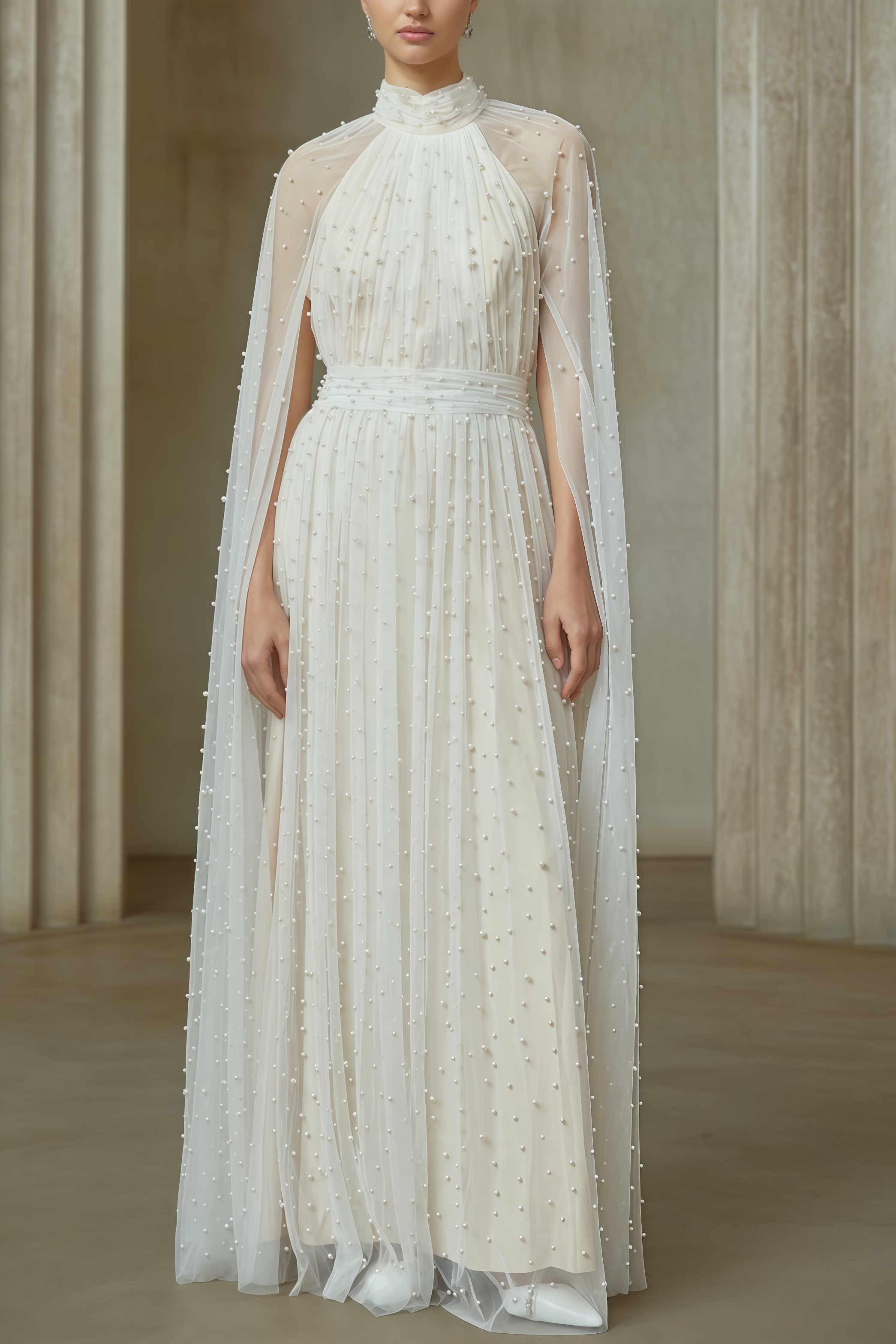 Xyvia Pearl Stand-up Collar Cap Sleeve Maxi Dress