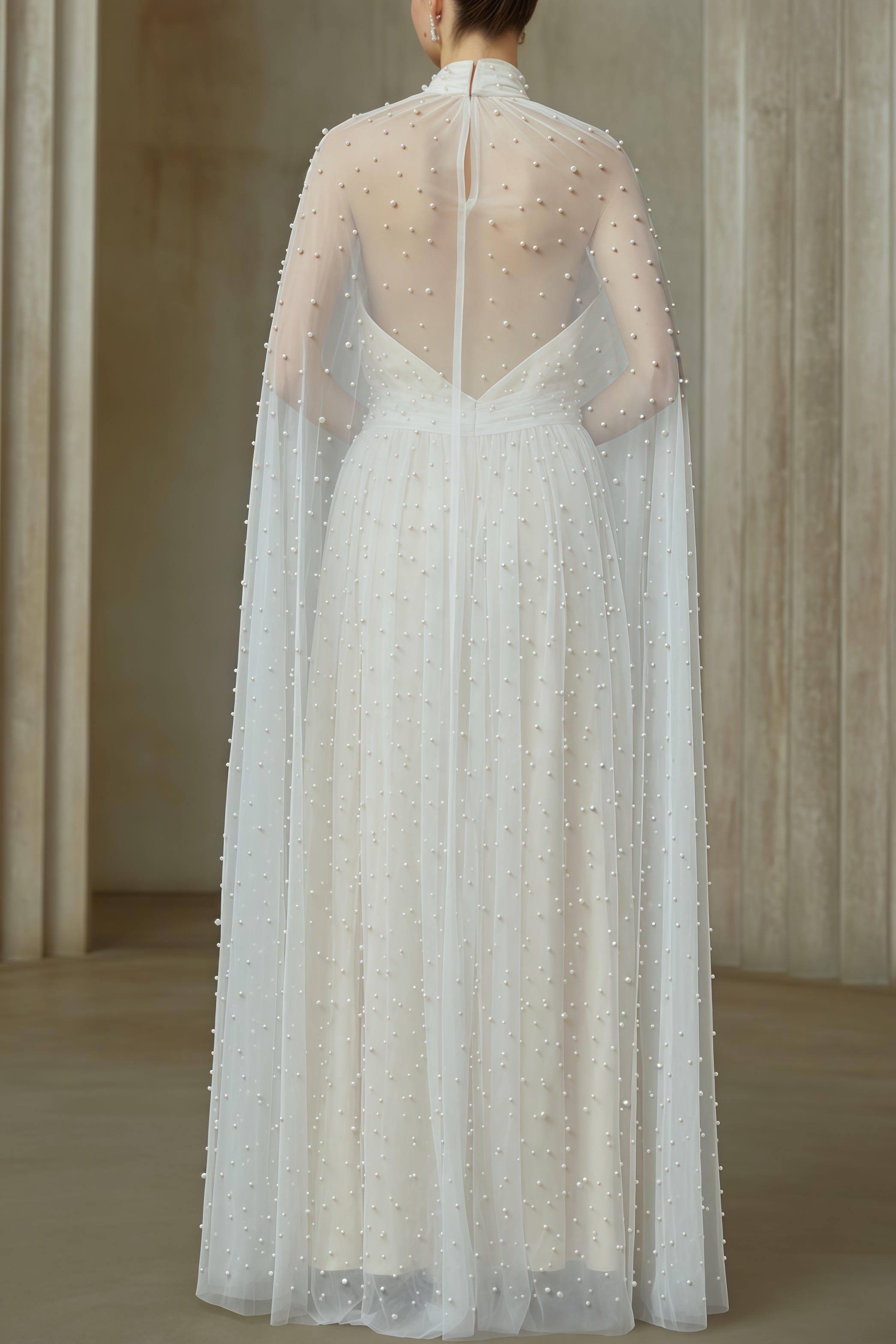 Xyvia Pearl Stand-up Collar Cap Sleeve Maxi Dress