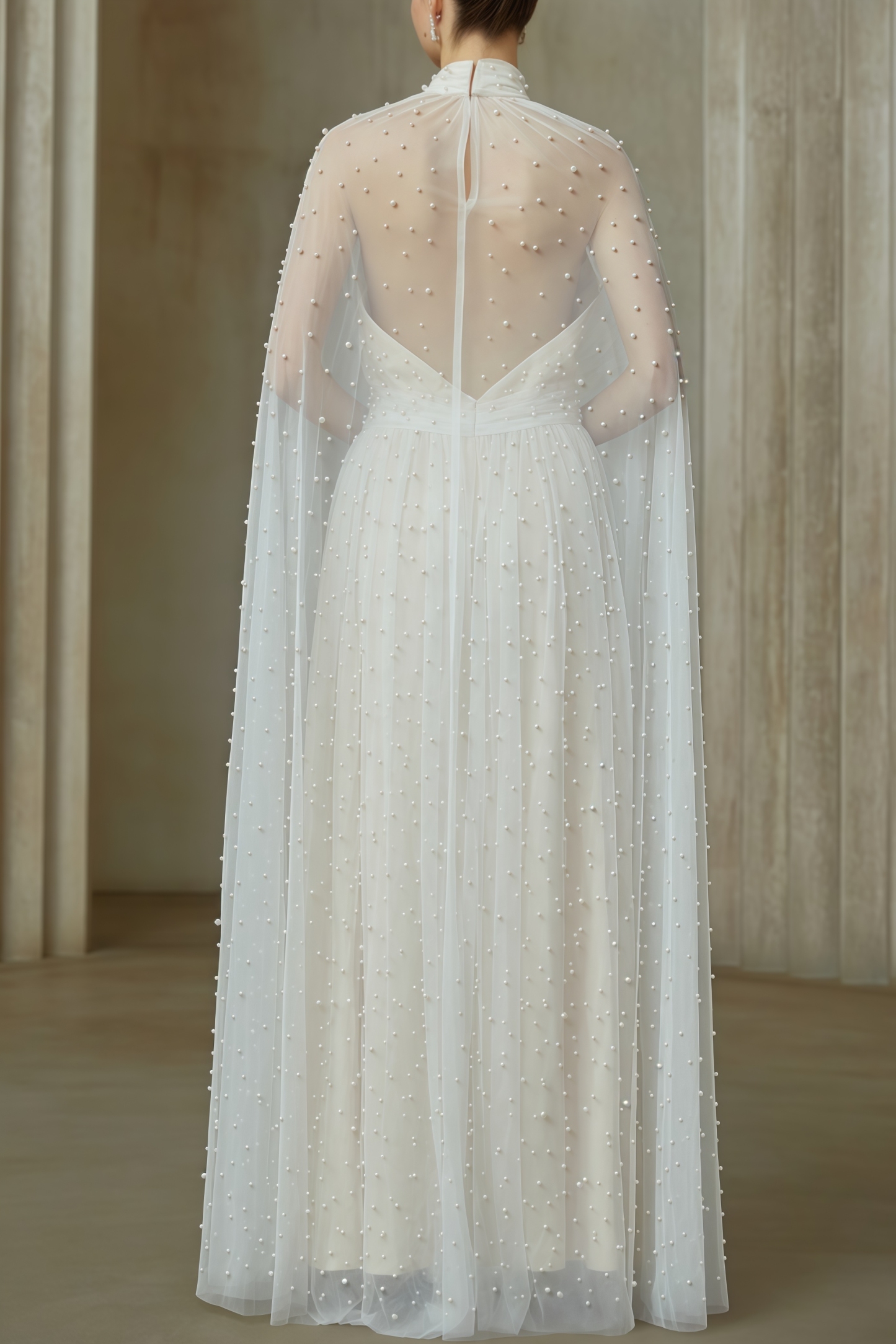 Xyvia Pearl Stand-up Collar Cap Sleeve Maxi Dress
