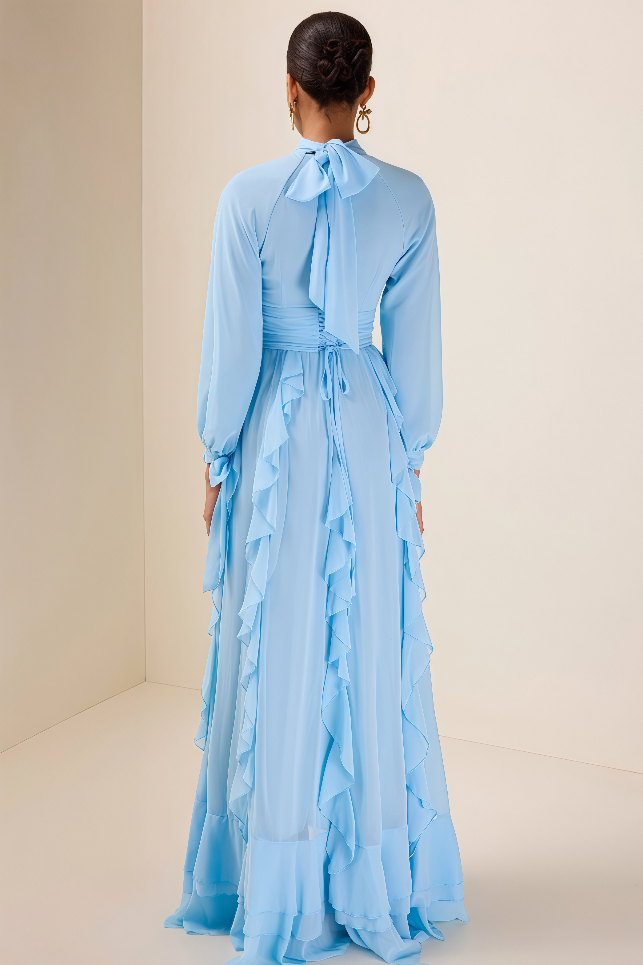 Junatk Stand Collar Long Sleeve Frill Maxi Dress
