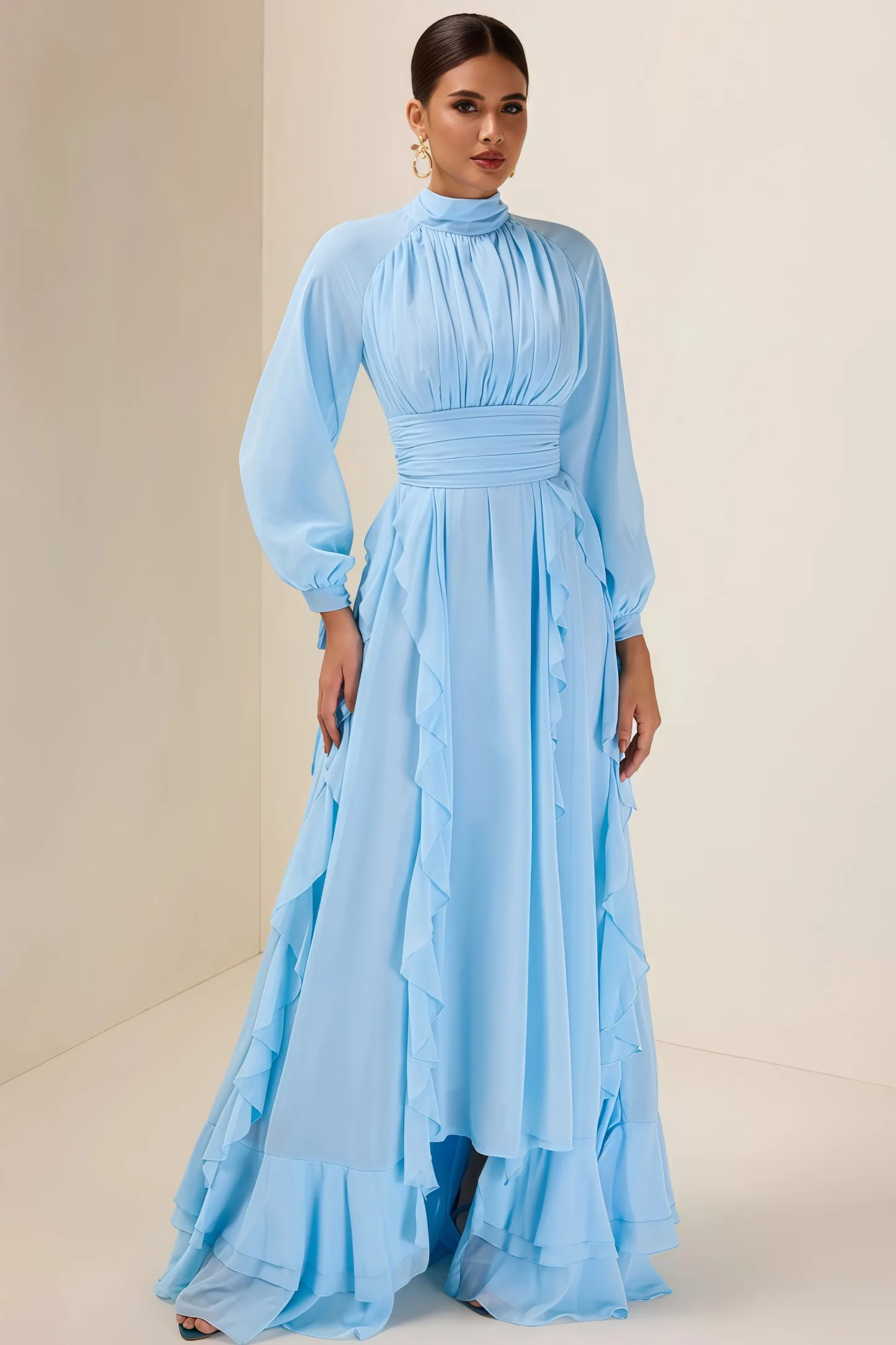 Junatk Stand Collar Long Sleeve Frill Maxi Dress