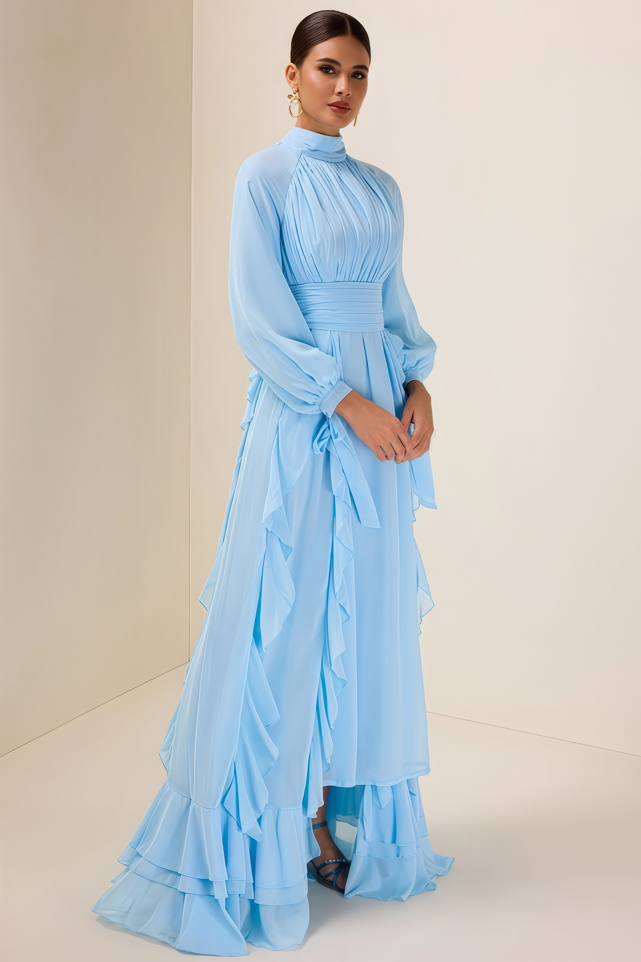 Junatk Stand Collar Long Sleeve Frill Maxi Dress