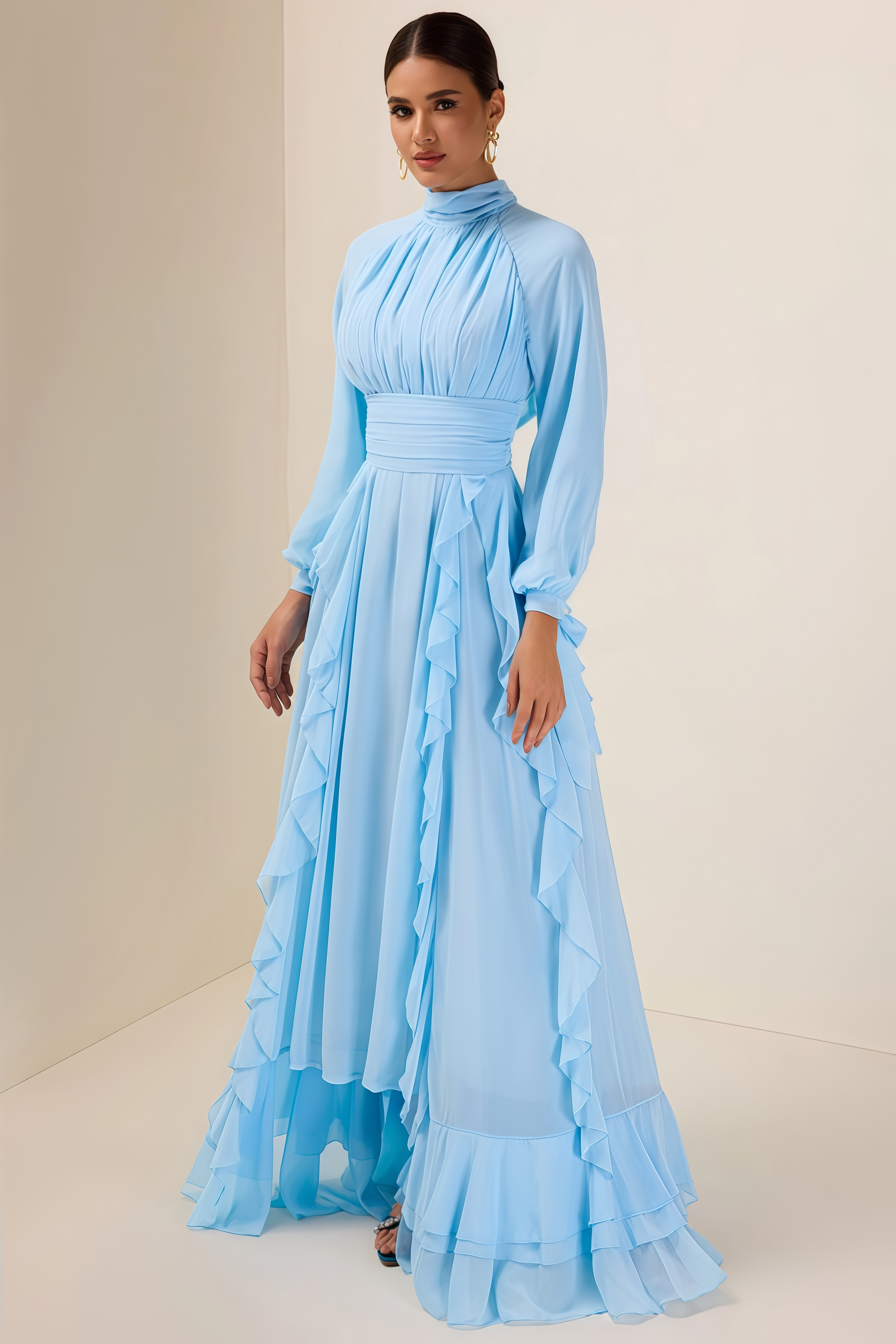 Junatk Stand Collar Long Sleeve Frill Maxi Dress
