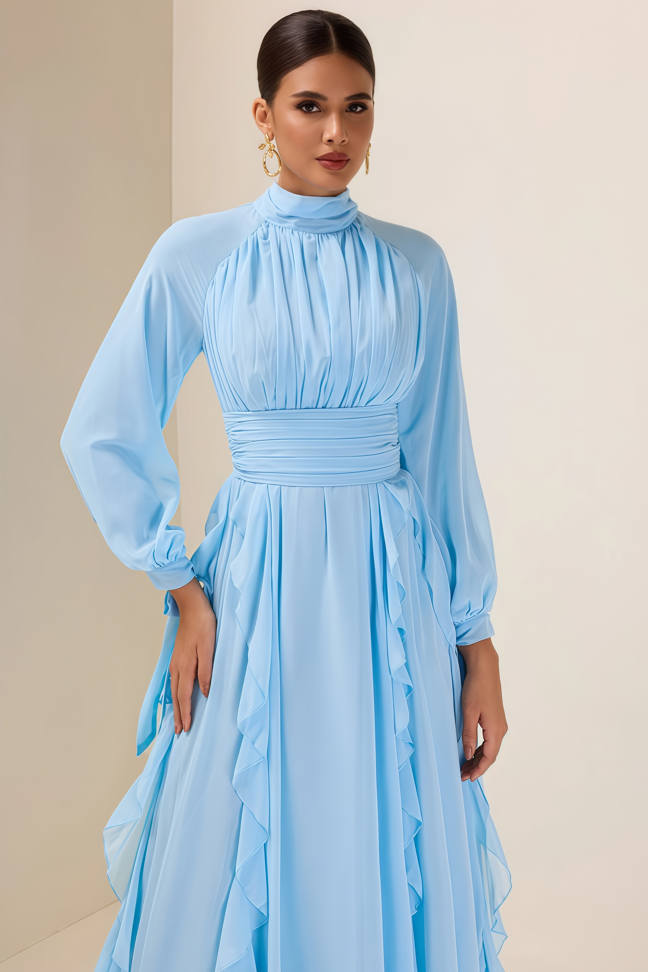 Junatk Stand Collar Long Sleeve Frill Maxi Dress