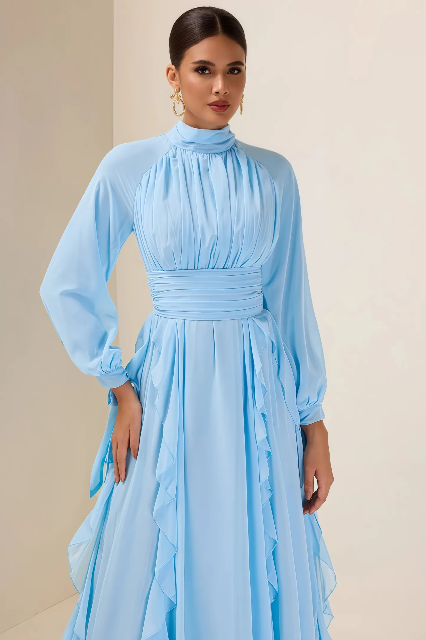 Junatk Stand Collar Long Sleeve Frill Maxi Dress