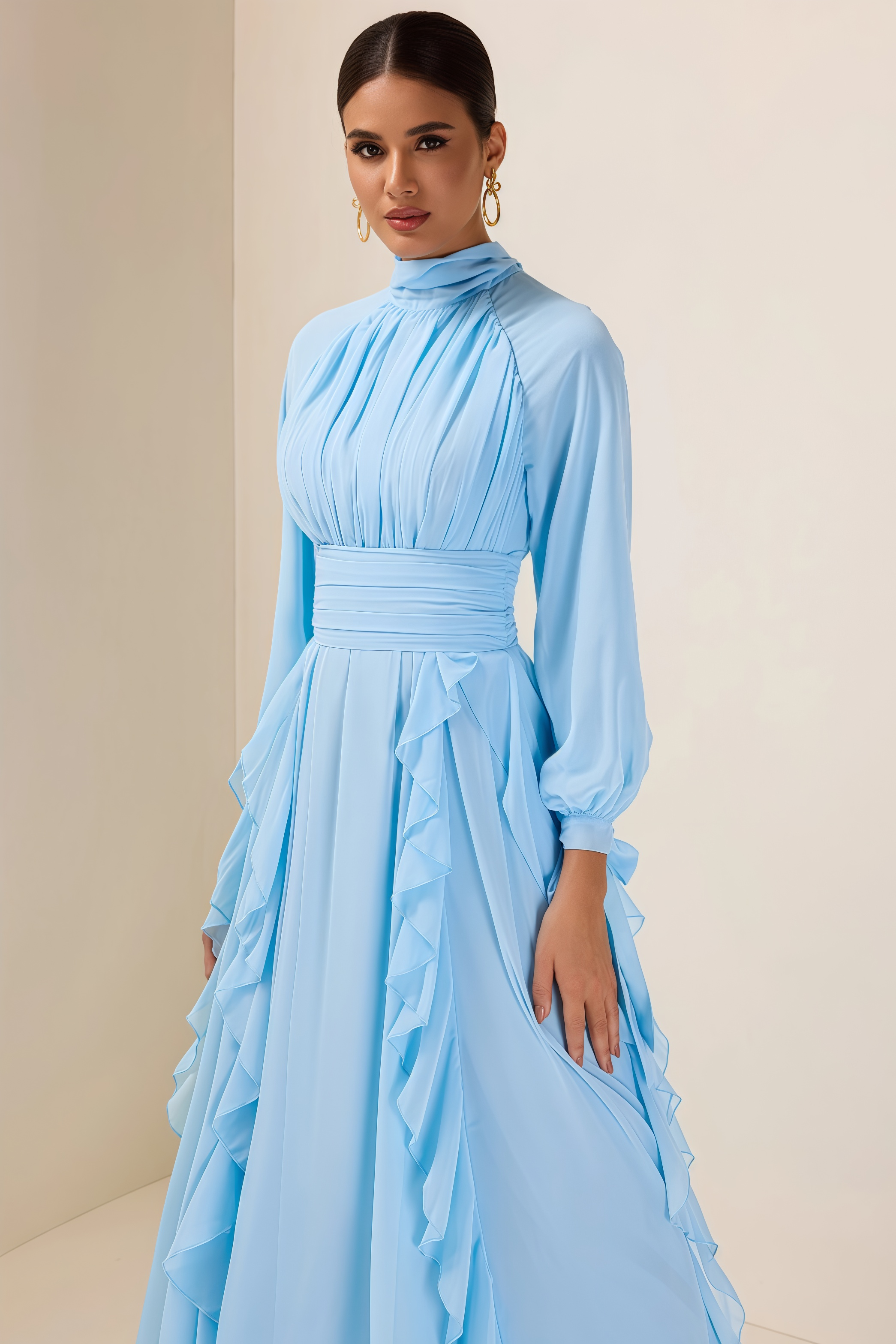 Junatk Stand Collar Long Sleeve Frill Maxi Dress