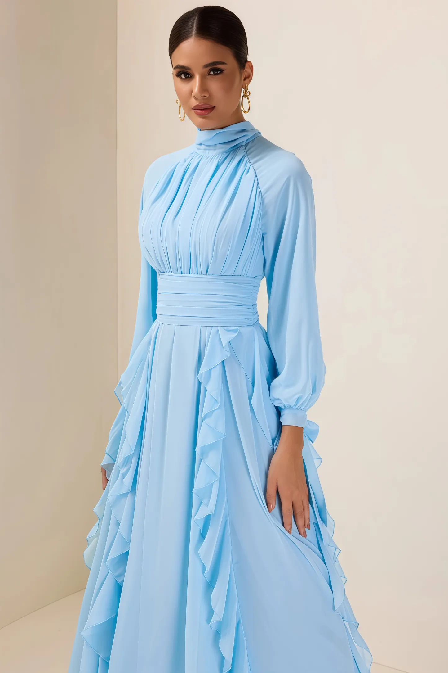 Junatk Stand Collar Long Sleeve Frill Maxi Dress