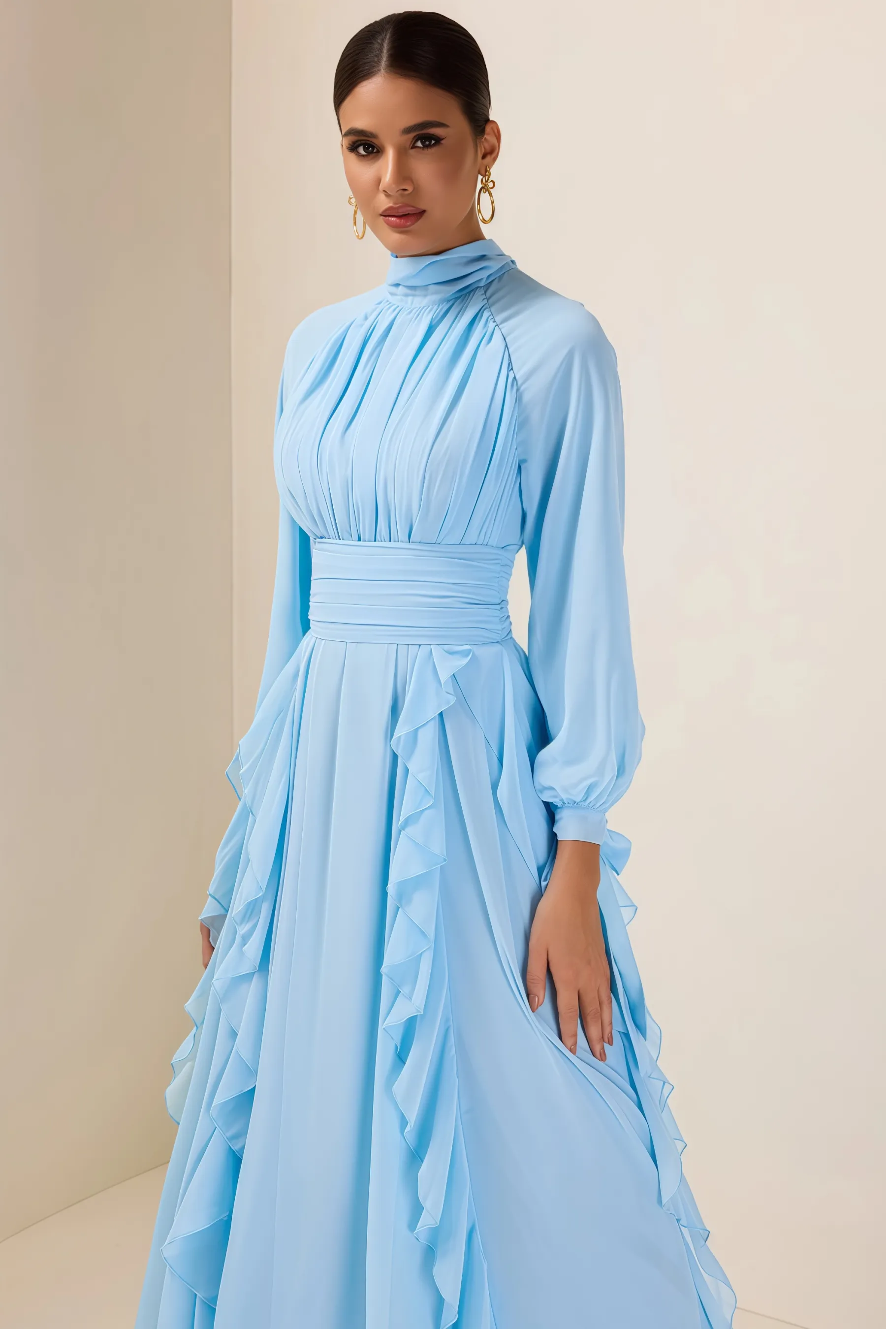 Junatk Stand Collar Long Sleeve Frill Maxi Dress