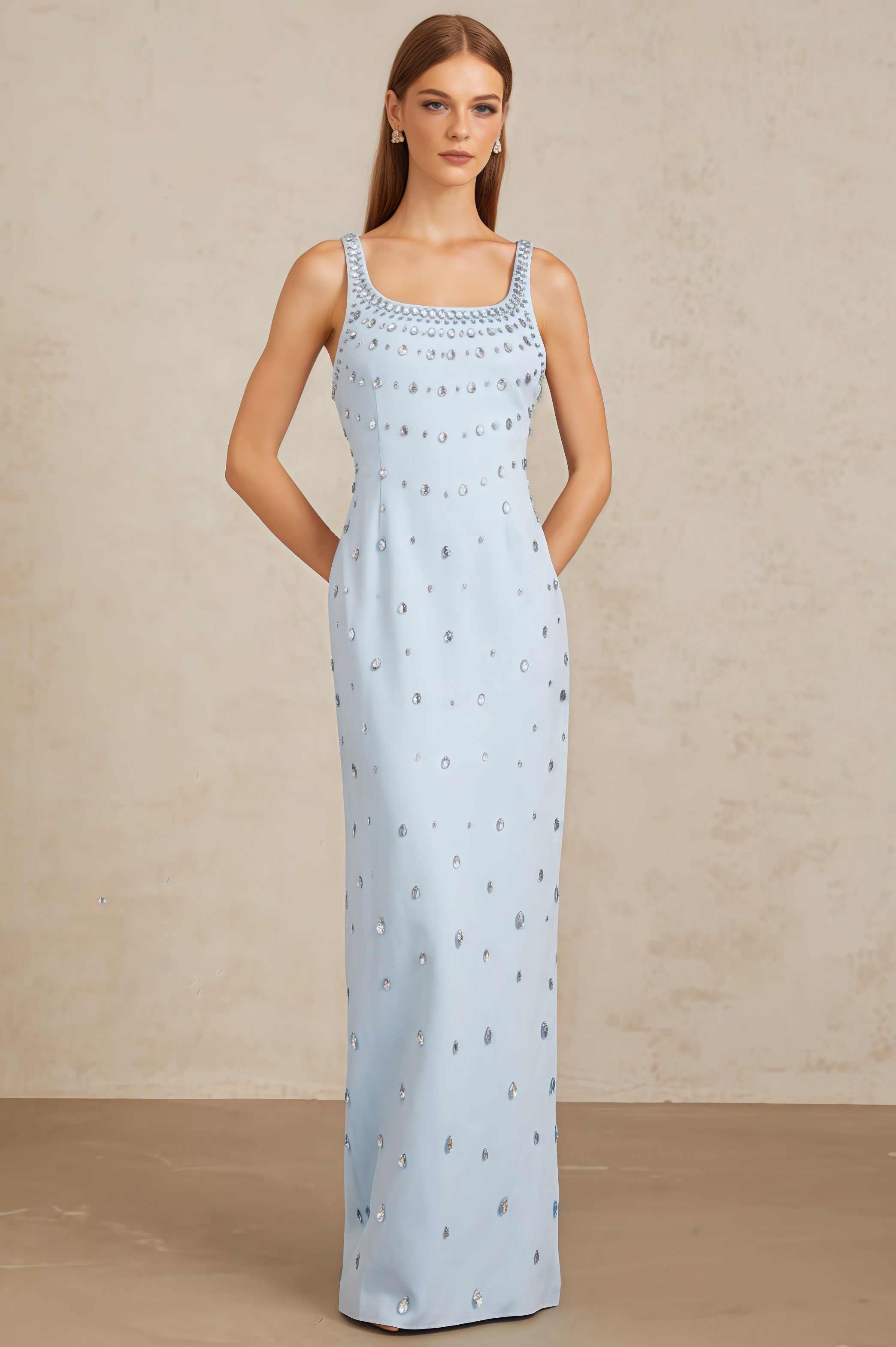 Phaelk Blue Beaded Diamond Maxi Dress