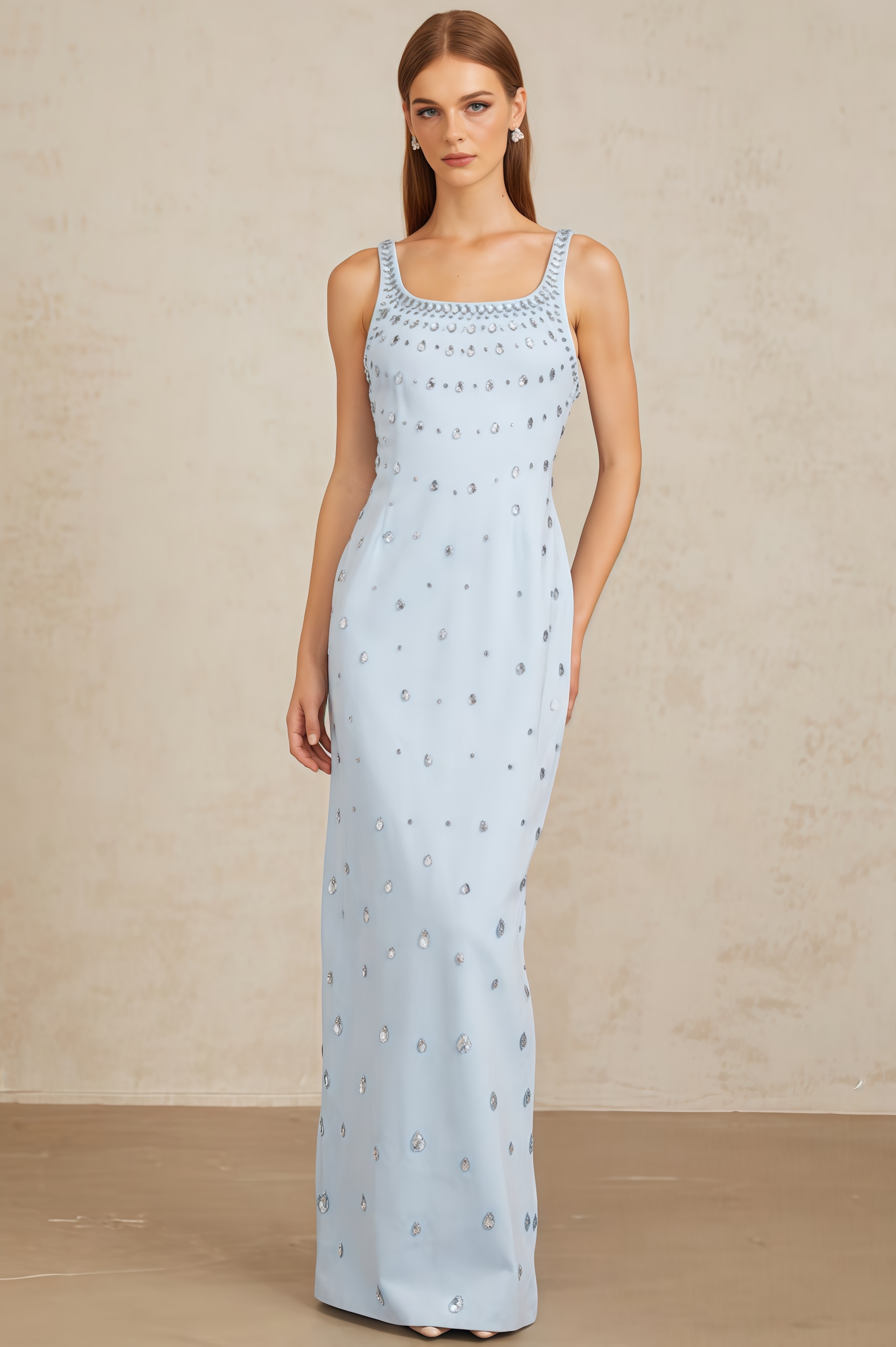 Phaelk Blue Beaded Diamond Maxi Dress