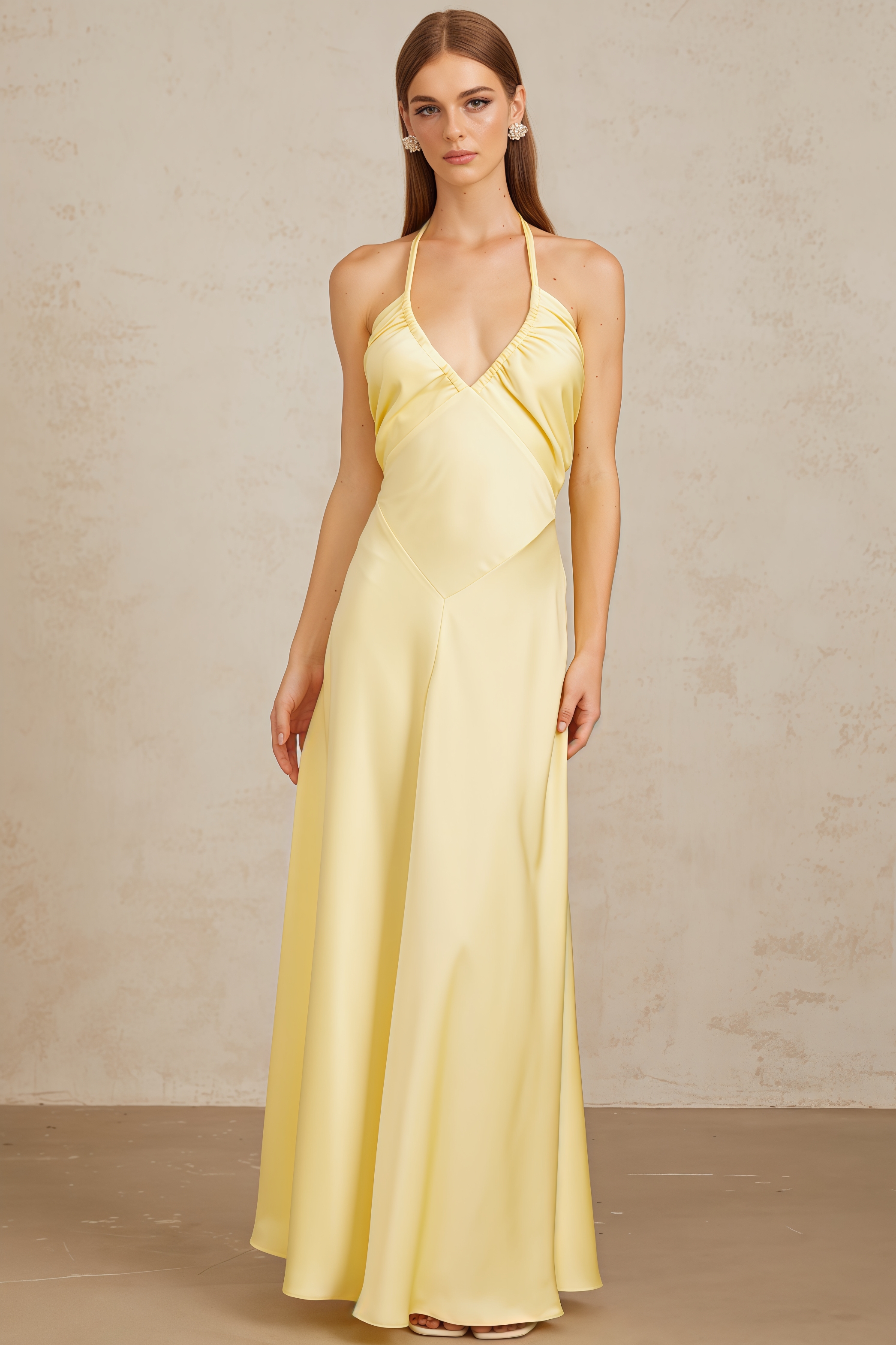Zadiy Yellow Tie Neck Backless Maxi Dress