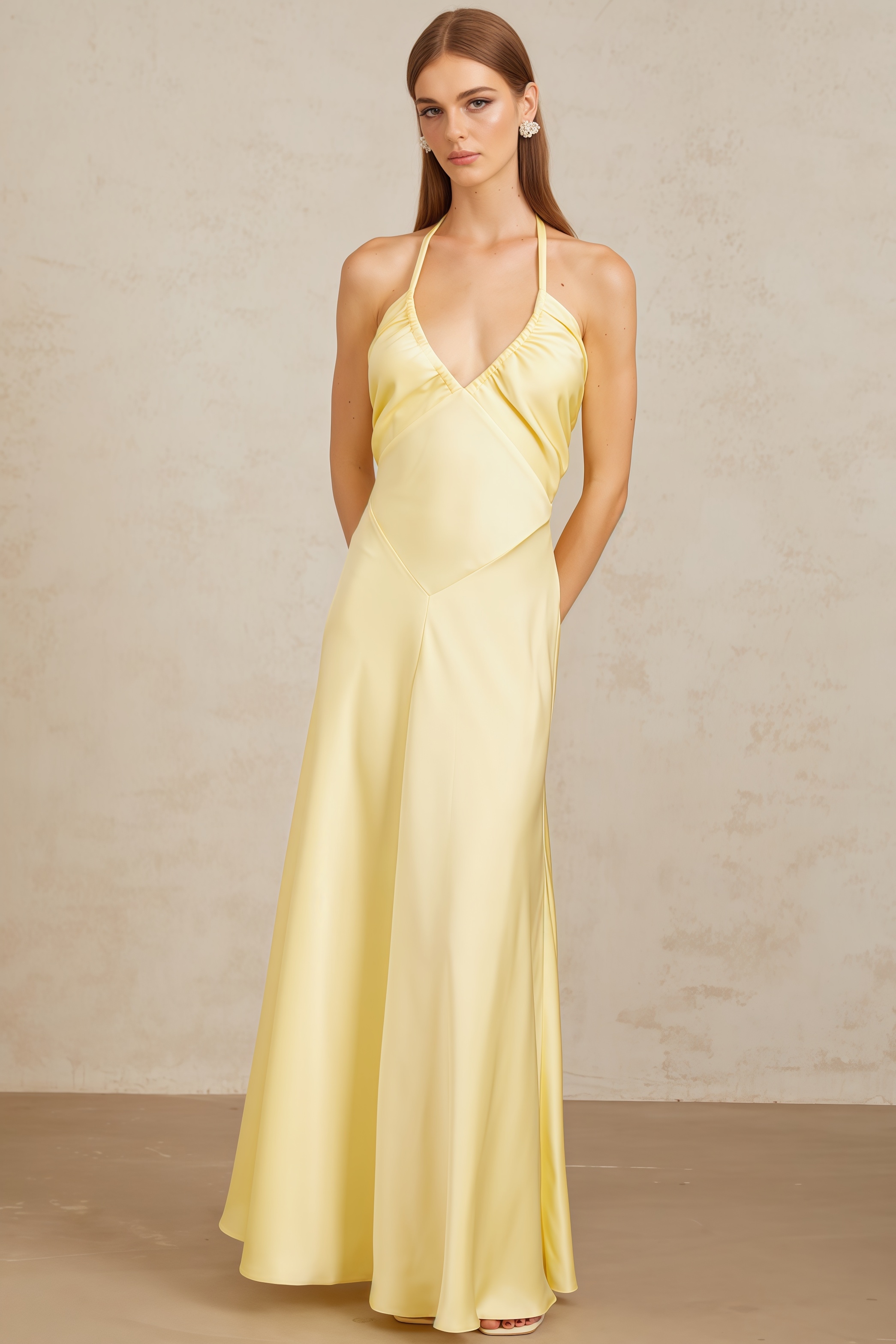 Zadiy Yellow Tie Neck Backless Maxi Dress