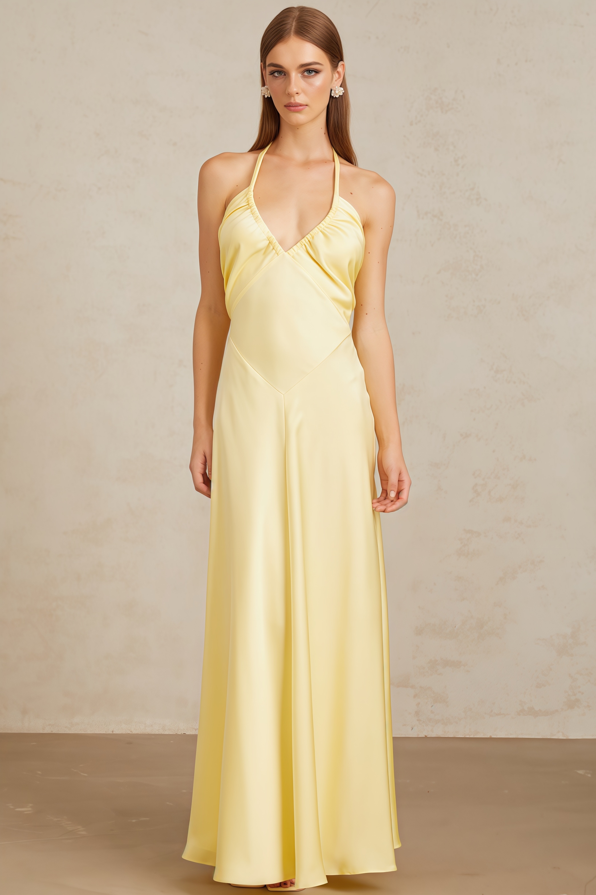 Zadiy Yellow Tie Neck Backless Maxi Dress