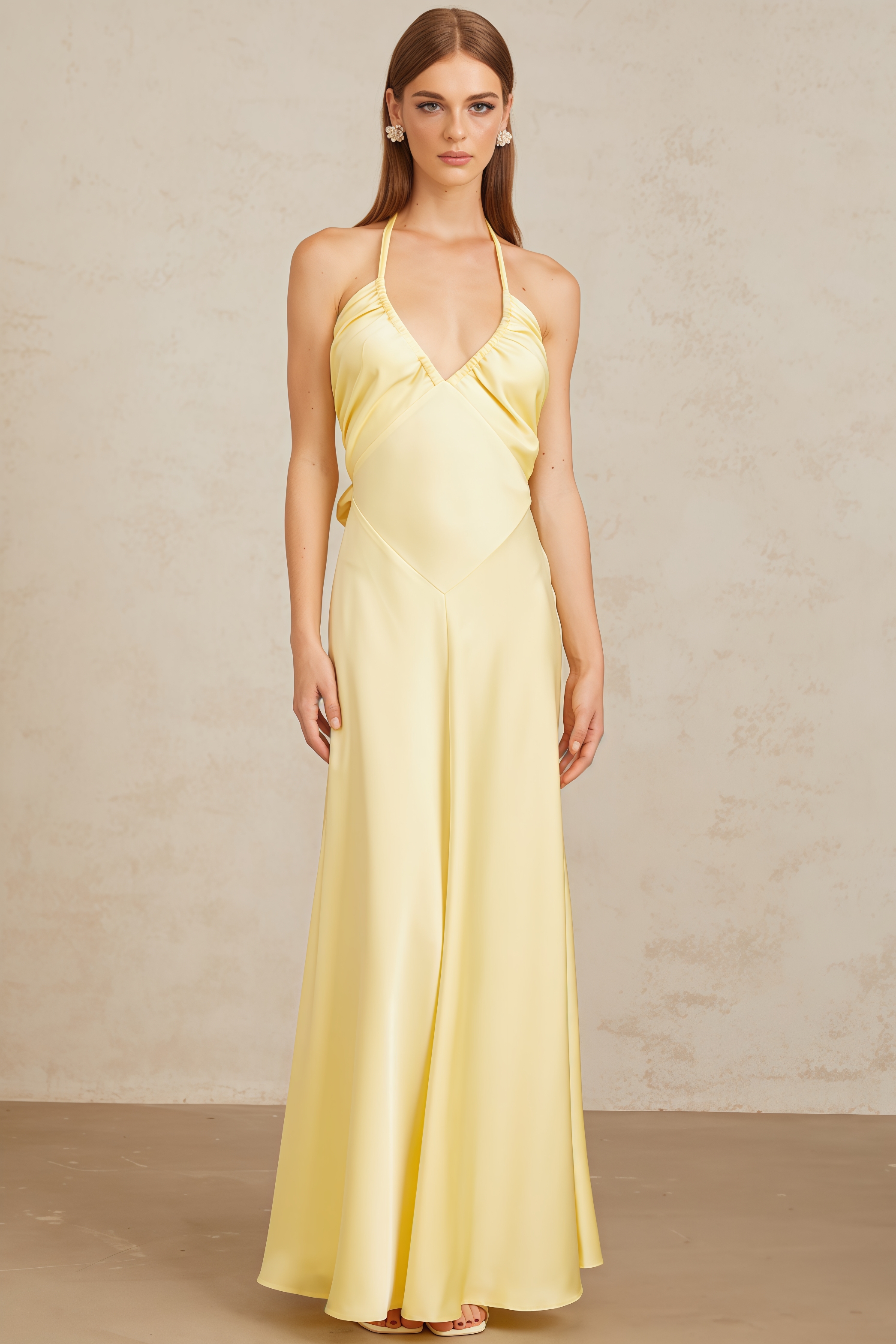 Zadiy Yellow Tie Neck Backless Maxi Dress