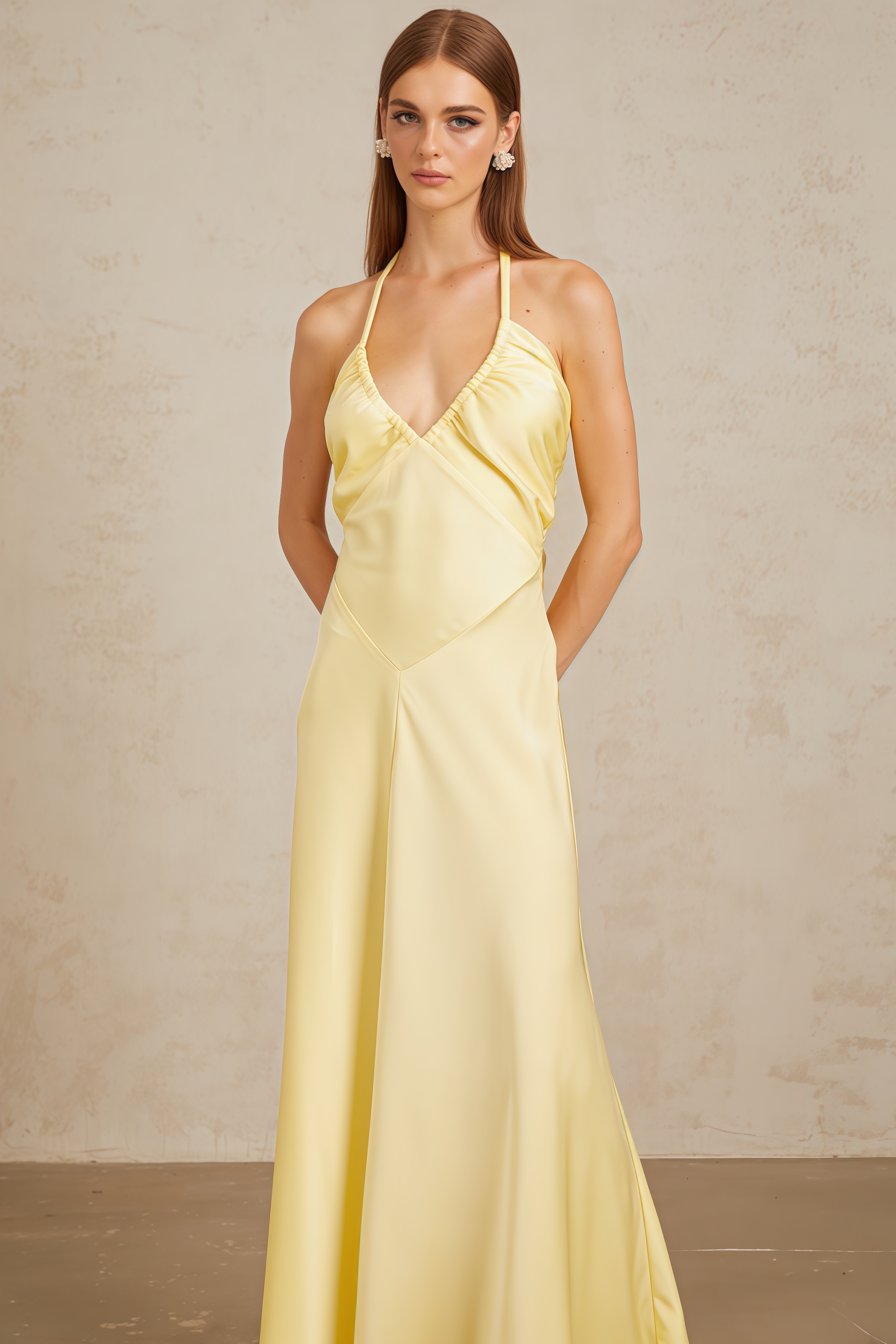 Zadiy Yellow Tie Neck Backless Maxi Dress