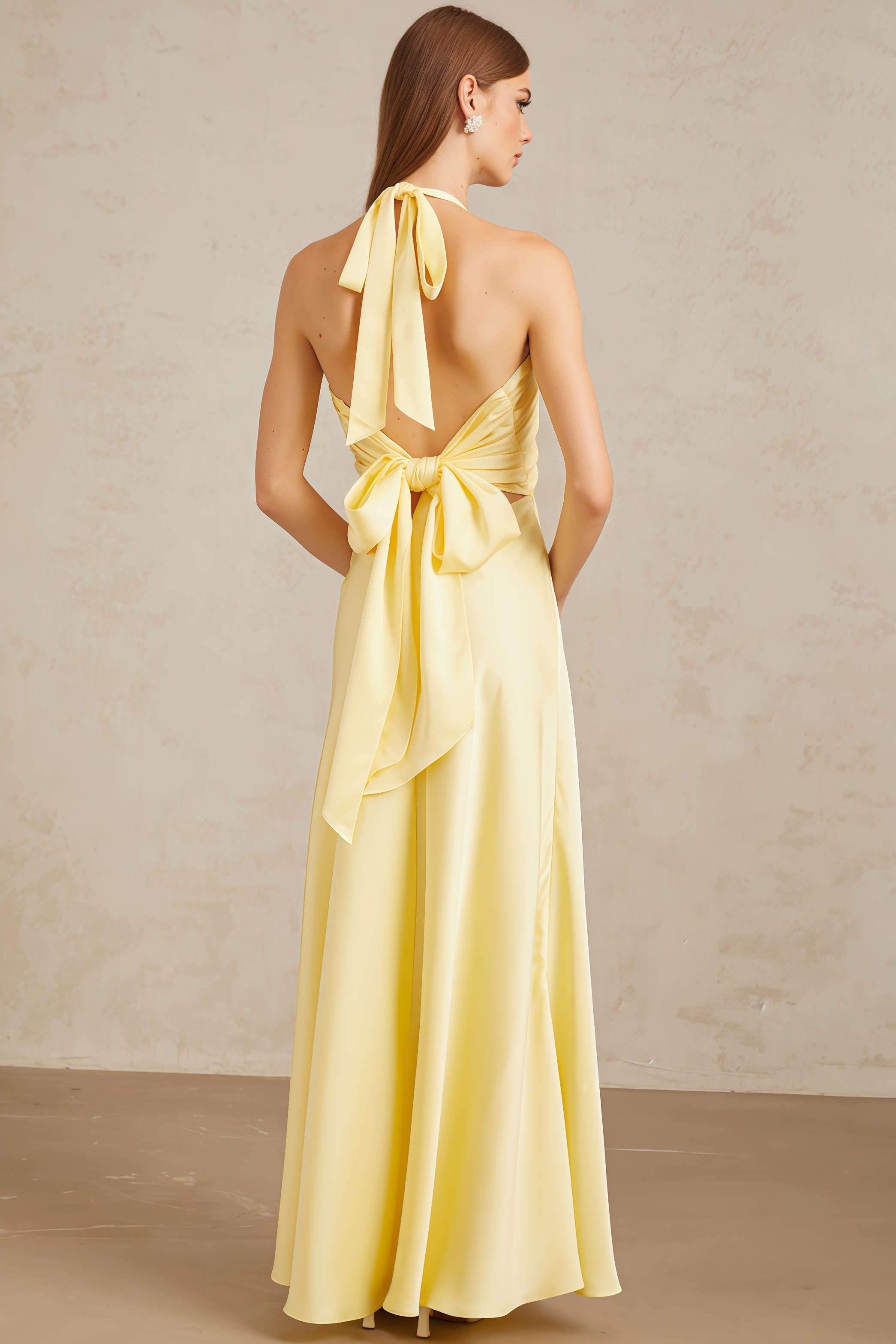 Zadiy Yellow Tie Neck Backless Maxi Dress