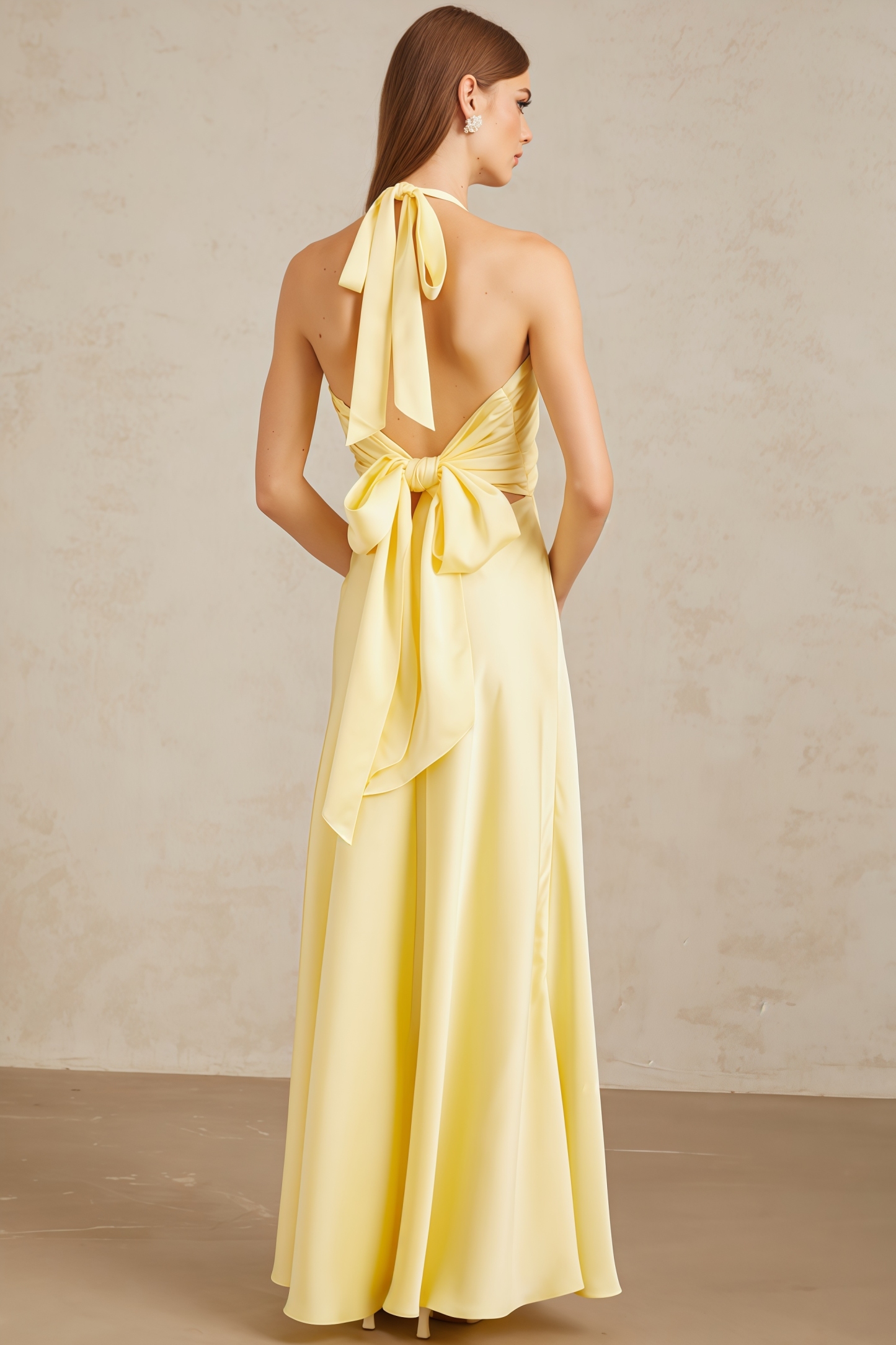 Zadiy Yellow Tie Neck Backless Maxi Dress